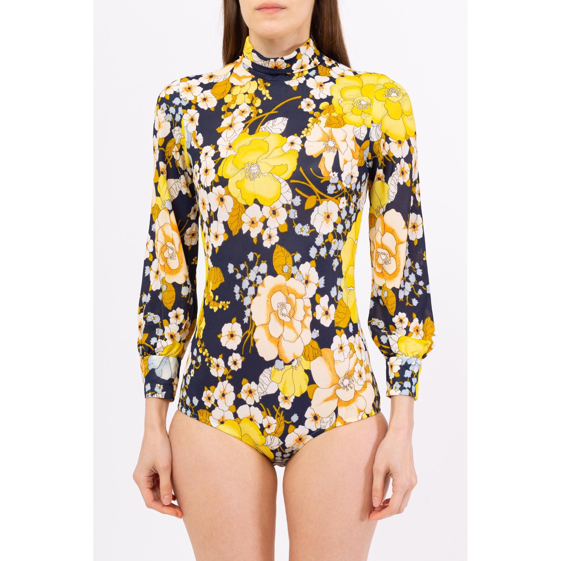 Vintage 70s Floral Long Sleeve Bodysuit Top - Extra Small | Retro Mockneck Blouse, Navy Blue & Yellow One Piece Disco Shirt