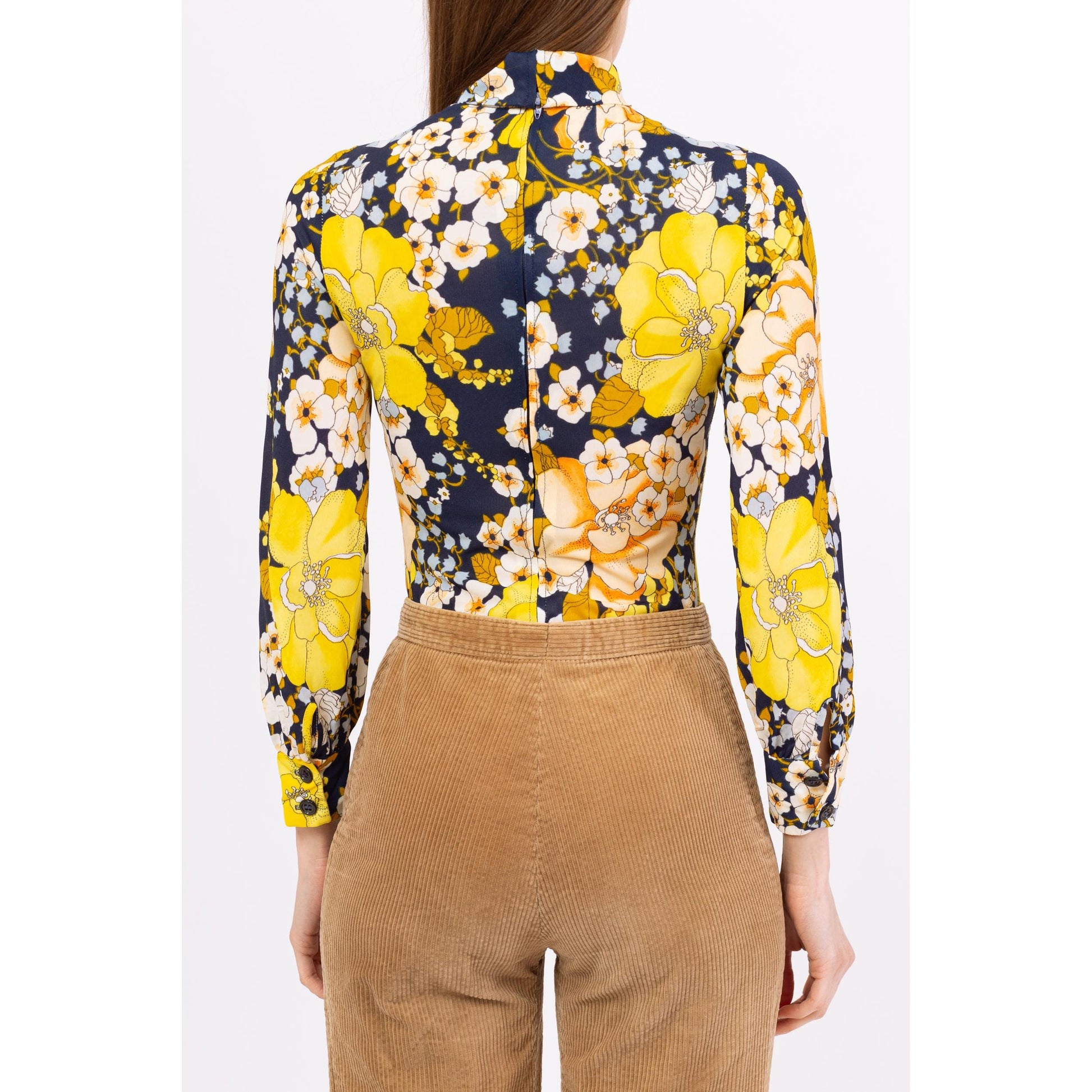 Vintage 70s Floral Long Sleeve Bodysuit Top - Extra Small | Retro Mockneck Blouse, Navy Blue & Yellow One Piece Disco Shirt