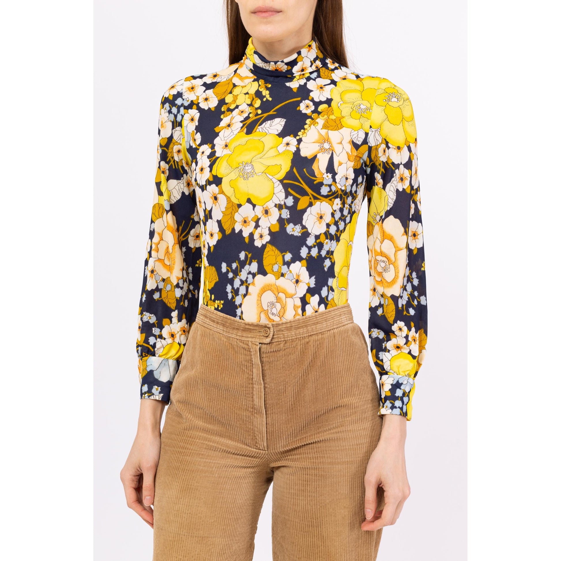 Vintage 70s Floral Long Sleeve Bodysuit Top - Extra Small | Retro Mockneck Blouse, Navy Blue & Yellow One Piece Disco Shirt