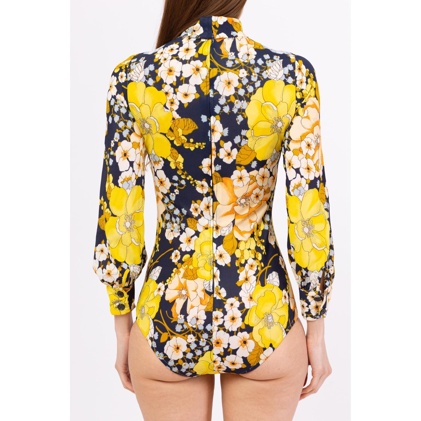 Vintage 70s Floral Long Sleeve Bodysuit Top - Extra Small | Retro Mockneck Blouse, Navy Blue & Yellow One Piece Disco Shirt