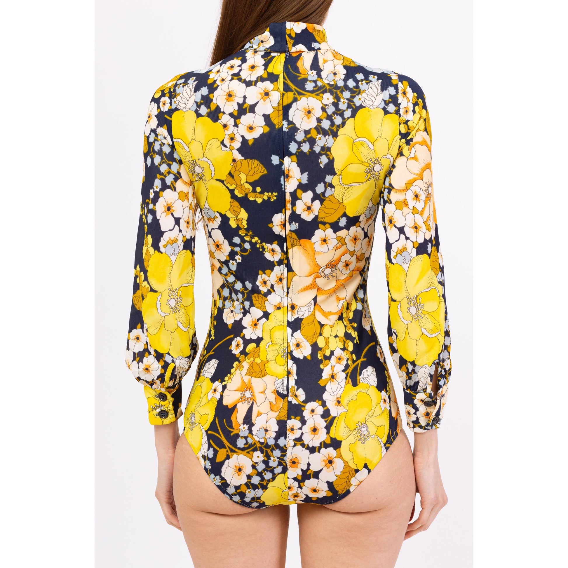 Vintage 70s Floral Long Sleeve Bodysuit Top - Extra Small | Retro Mockneck Blouse, Navy Blue & Yellow One Piece Disco Shirt