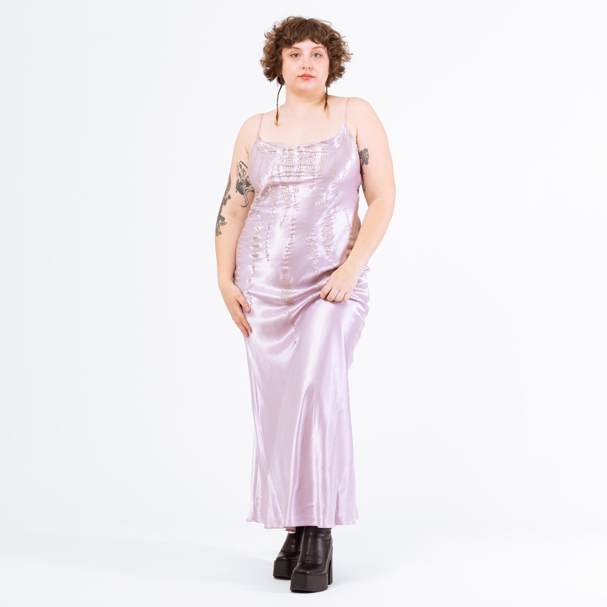 Vintage Y2K Lavender Satin Beaded Spaghetti Strap Maxi Dress - Large | Cowl Neck Bias Cut Slip Gown, Prom Night, Formal Event