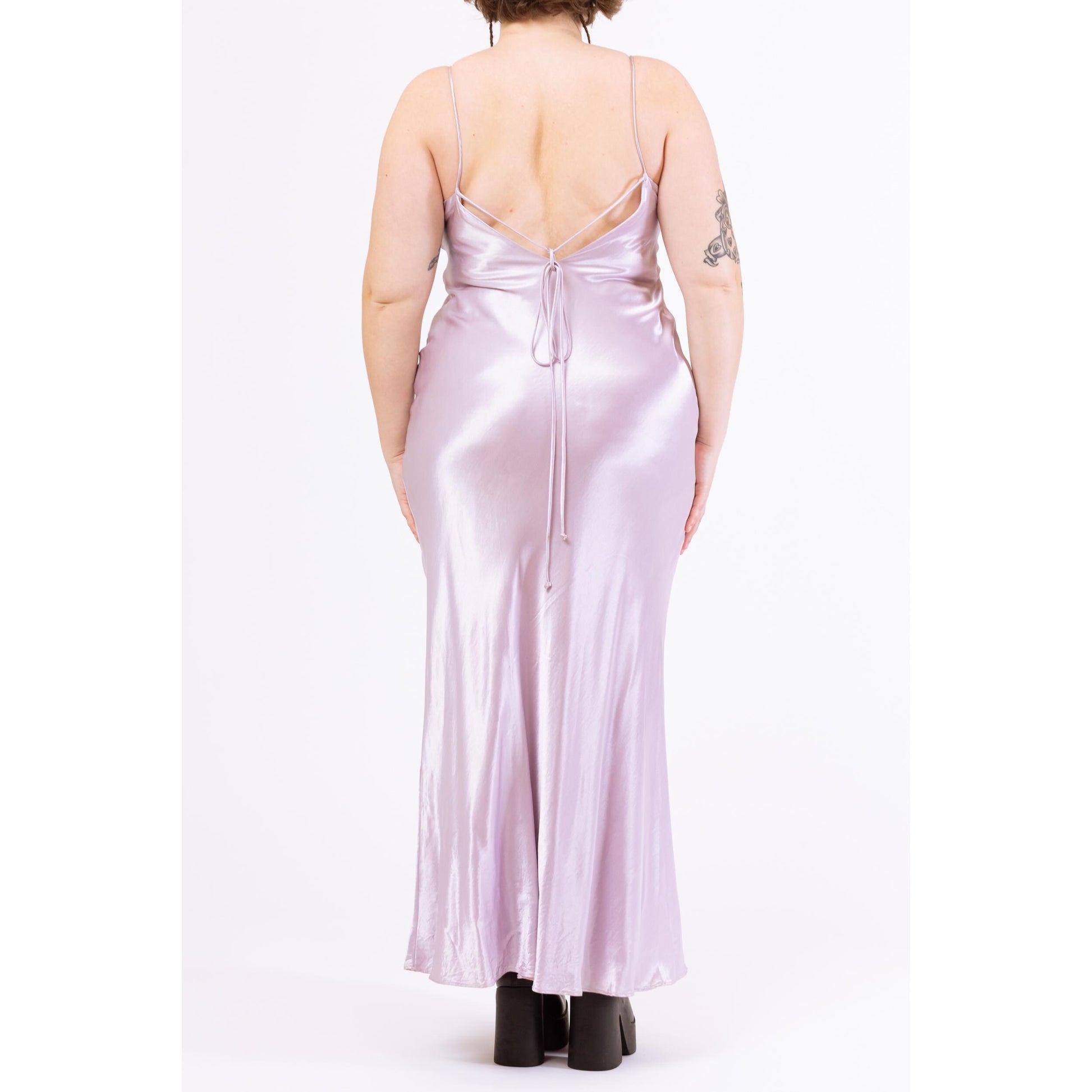 Vintage Y2K Lavender Satin Beaded Spaghetti Strap Maxi Dress - Large | Cowl Neck Bias Cut Slip Gown, Prom Night, Formal Event