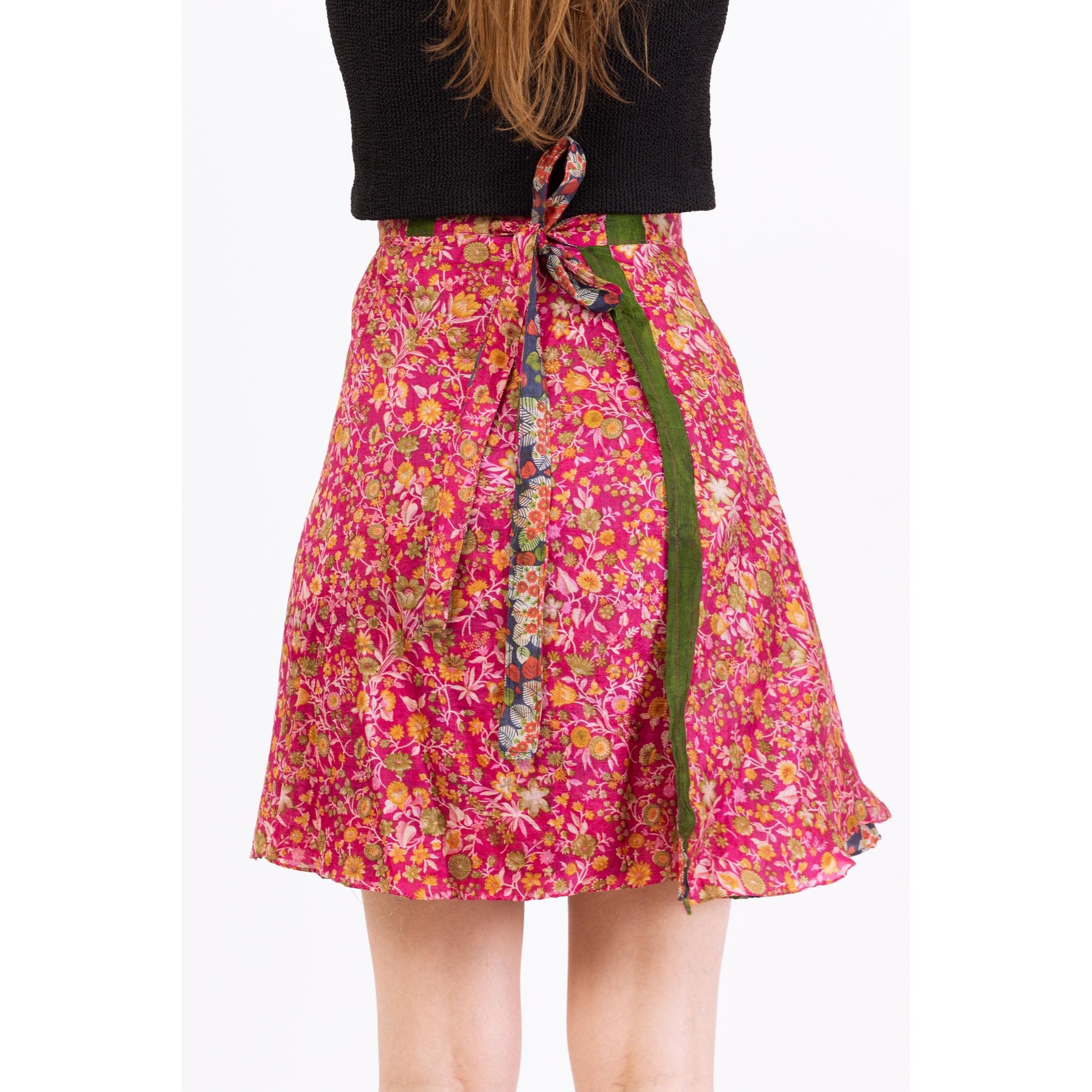 Vintage Boho Reversible Mini Wrap Skirt - One Size | Pink & Blue Bohemian High Waisted A Line Floral Hippie Summer Miniskirt