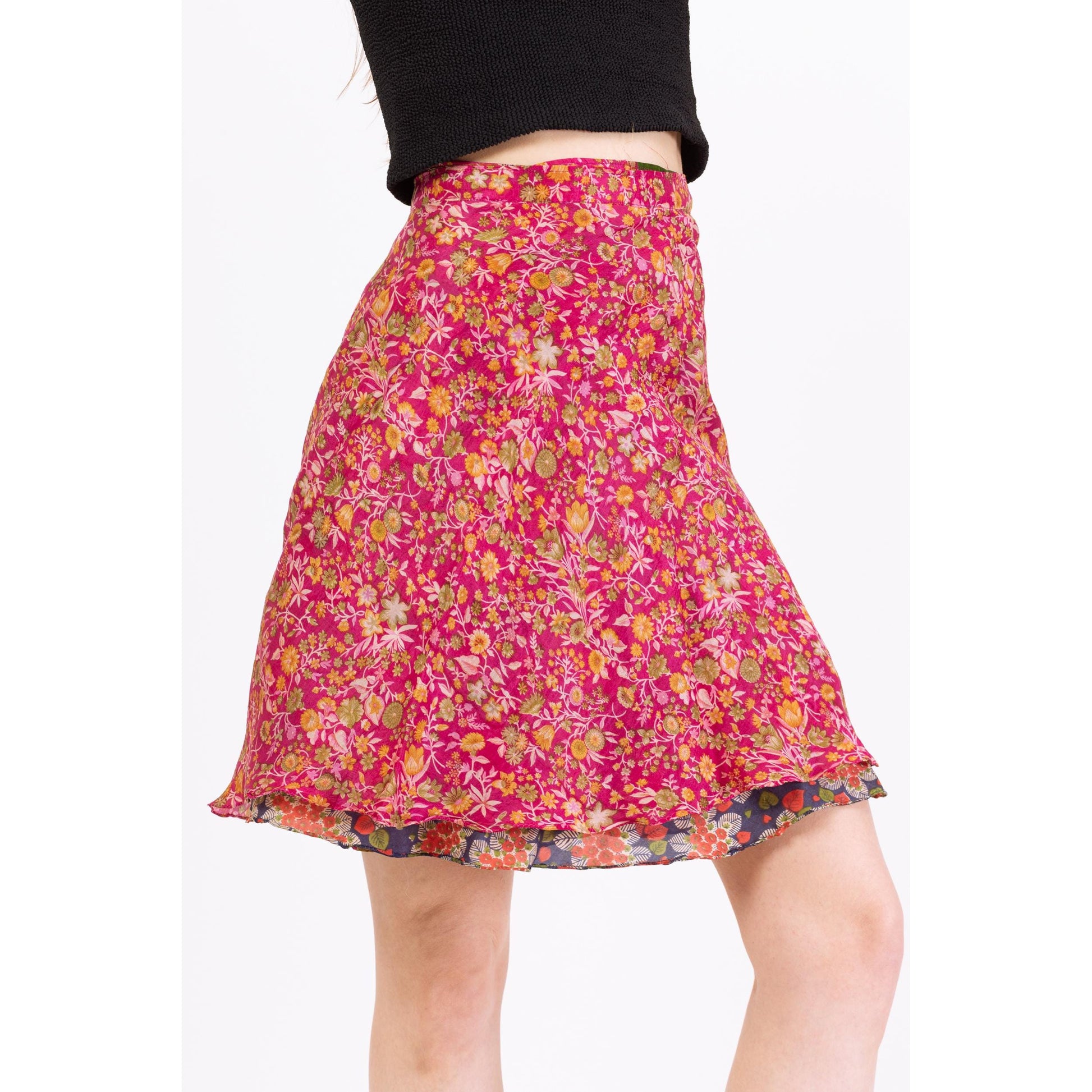 Vintage Boho Reversible Mini Wrap Skirt - One Size | Pink & Blue Bohemian High Waisted A Line Floral Hippie Summer Miniskirt