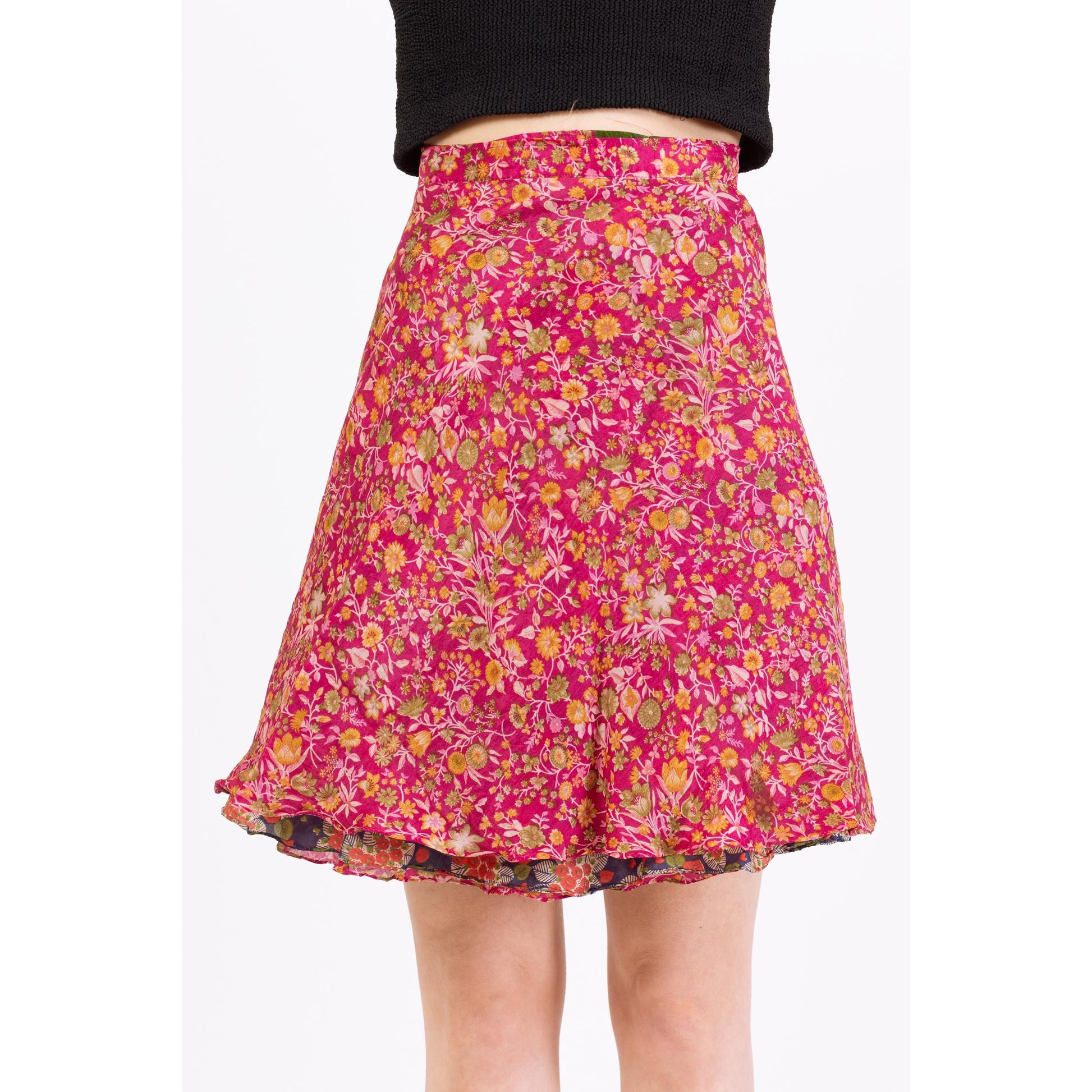 Vintage Boho Reversible Mini Wrap Skirt - One Size | Pink & Blue Bohemian High Waisted A Line Floral Hippie Summer Miniskirt