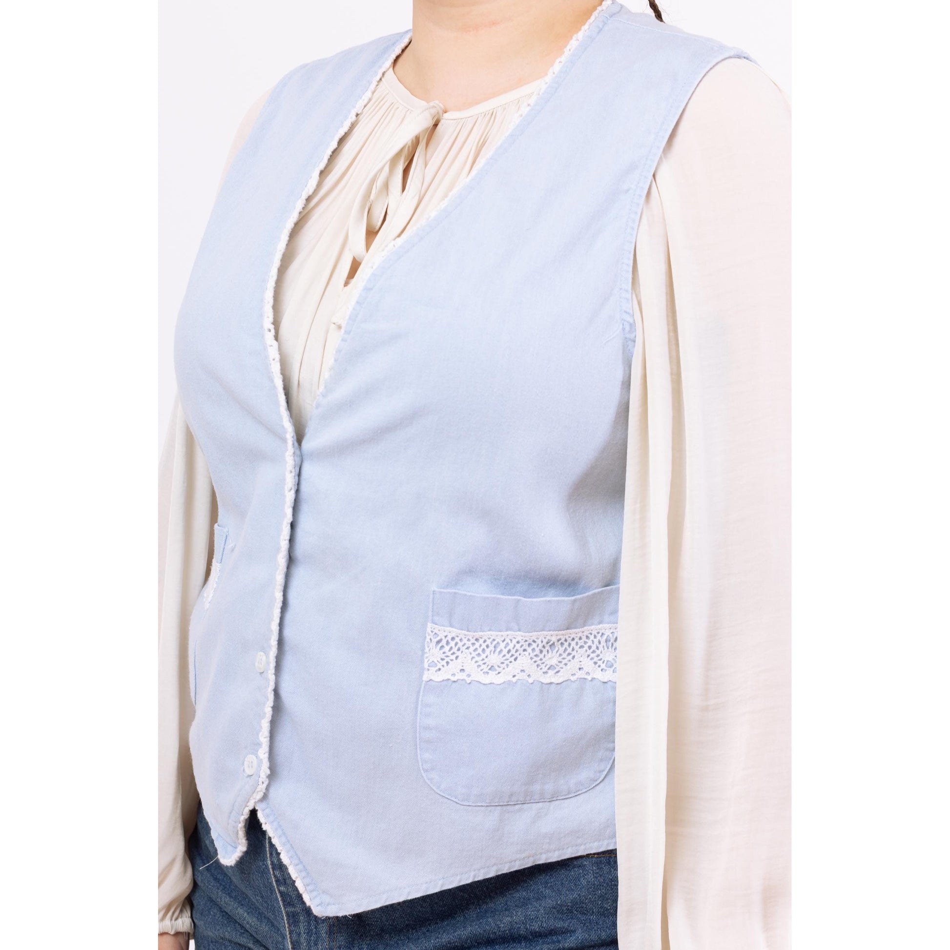 Vintage 80s Blue Chambray Crochet Trim Vest - Large | Fitted Cottagecore Prairie Layering Top, Soft Cotton Vest