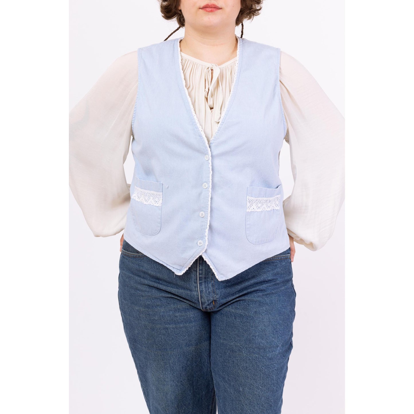 Vintage 80s Blue Chambray Crochet Trim Vest - Large | Fitted Cottagecore Prairie Layering Top, Soft Cotton Vest