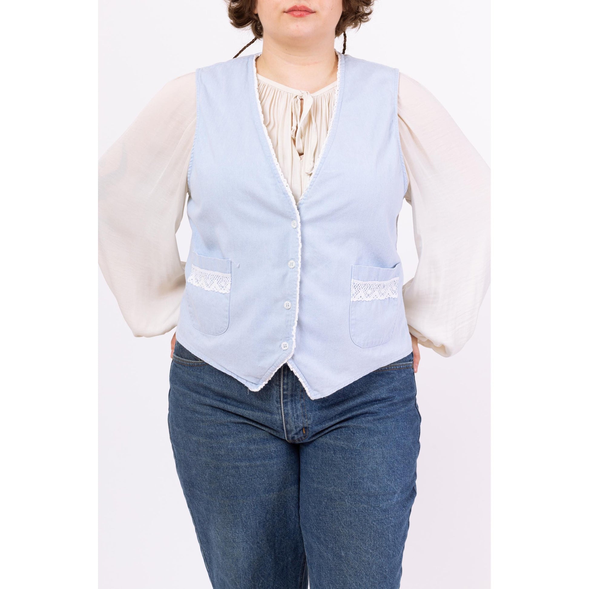 Vintage 80s Blue Chambray Crochet Trim Vest - Large | Fitted Cottagecore Prairie Layering Top, Soft Cotton Vest