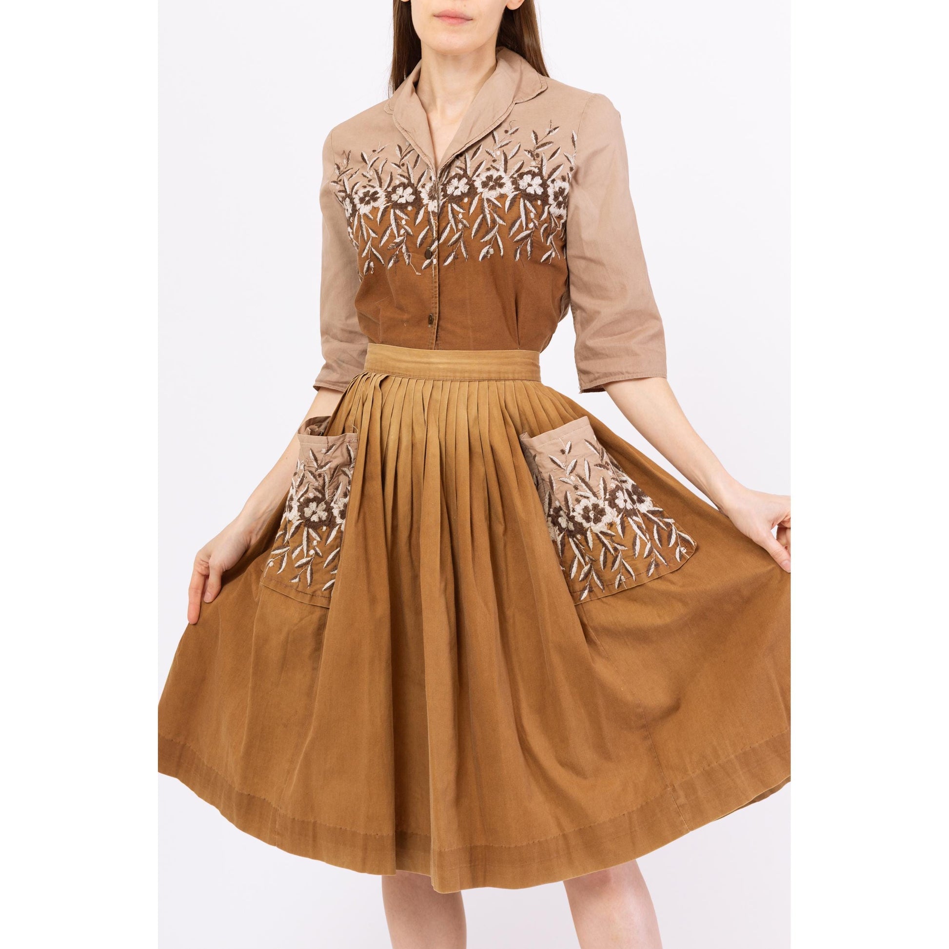 Vintage 1950s Brown Floral Patio Blouse & Skirt Set - Extra Small | 50s Square Dance Fiesta Dress, Cottagecore Western Prairie Outfit