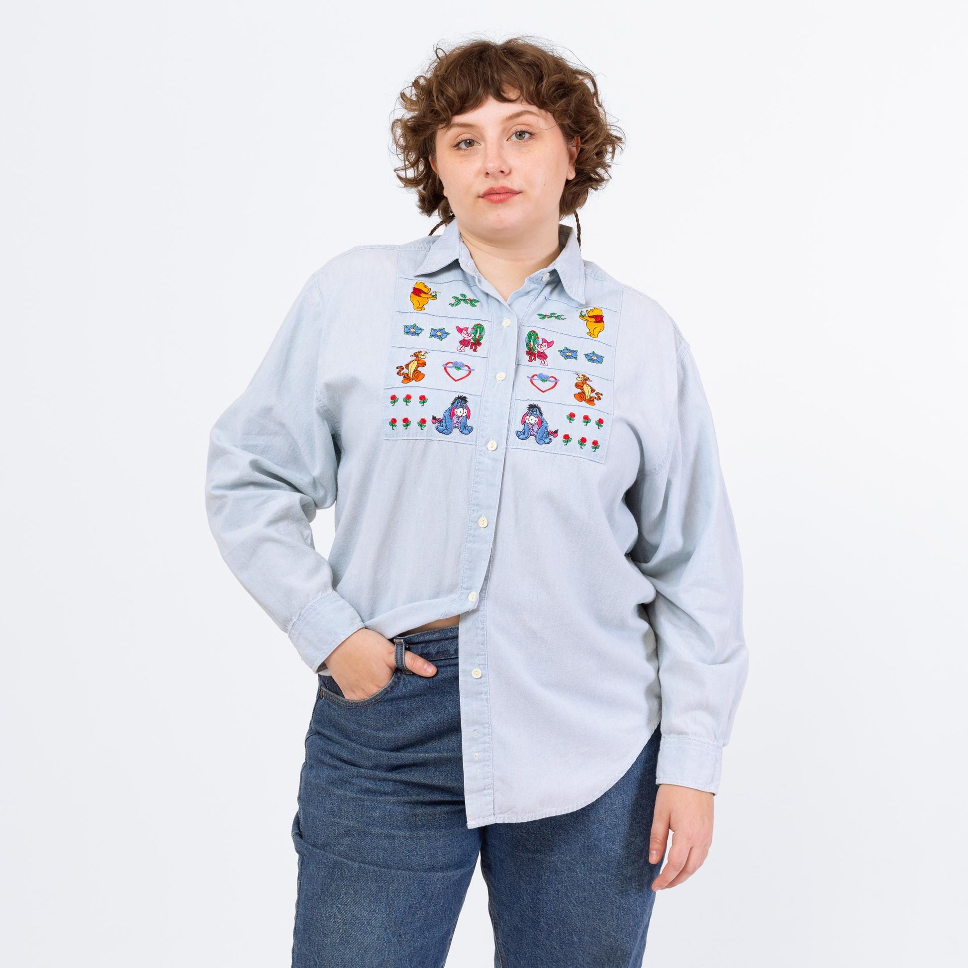 Vintage 90s Winnie the Pooh Chambray Shirt - Large | Disney Embroidered Button Down Piglet Tigger Eeyore Characters Top