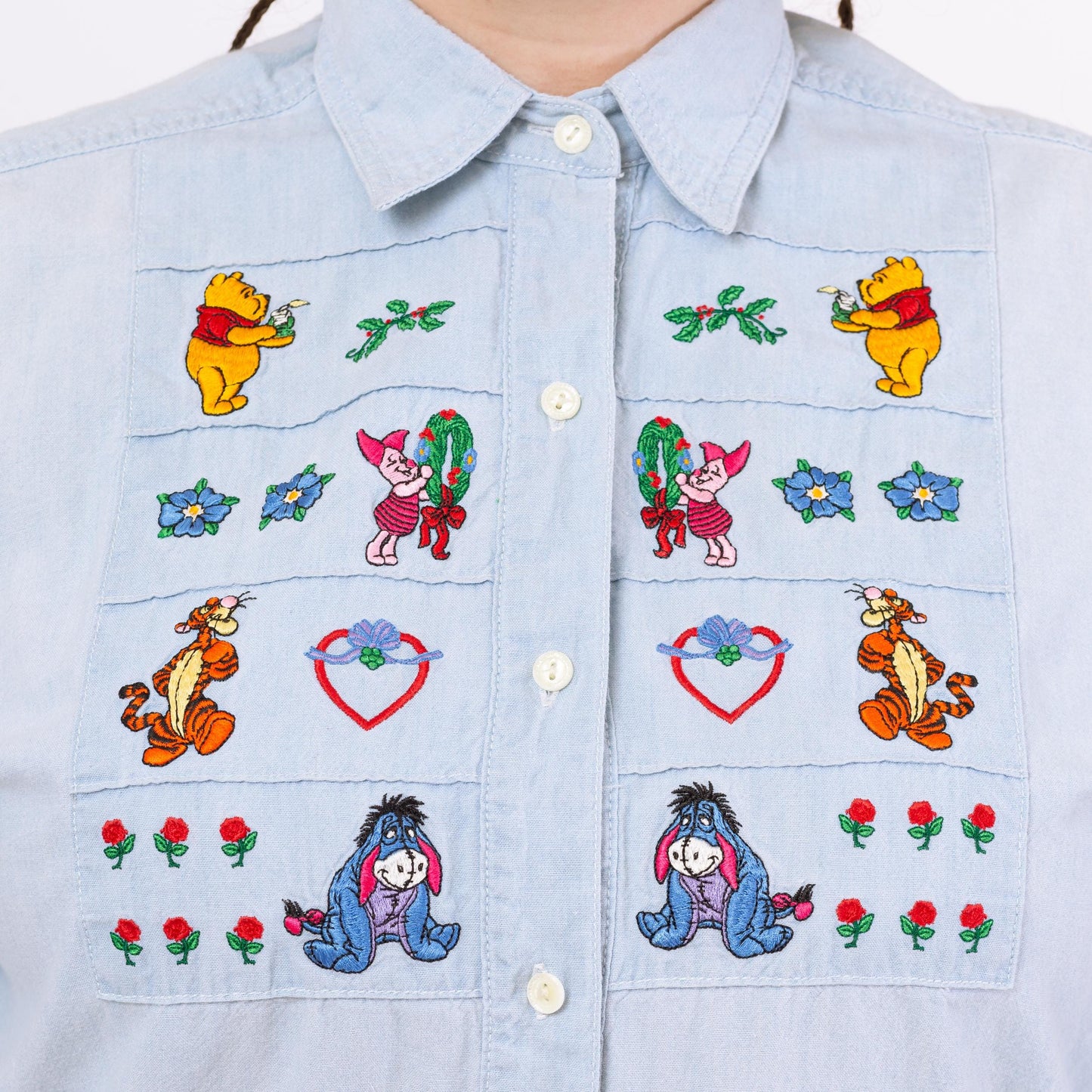 Vintage 90s Winnie the Pooh Chambray Shirt - Large | Disney Embroidered Button Down Piglet Tigger Eeyore Characters Top