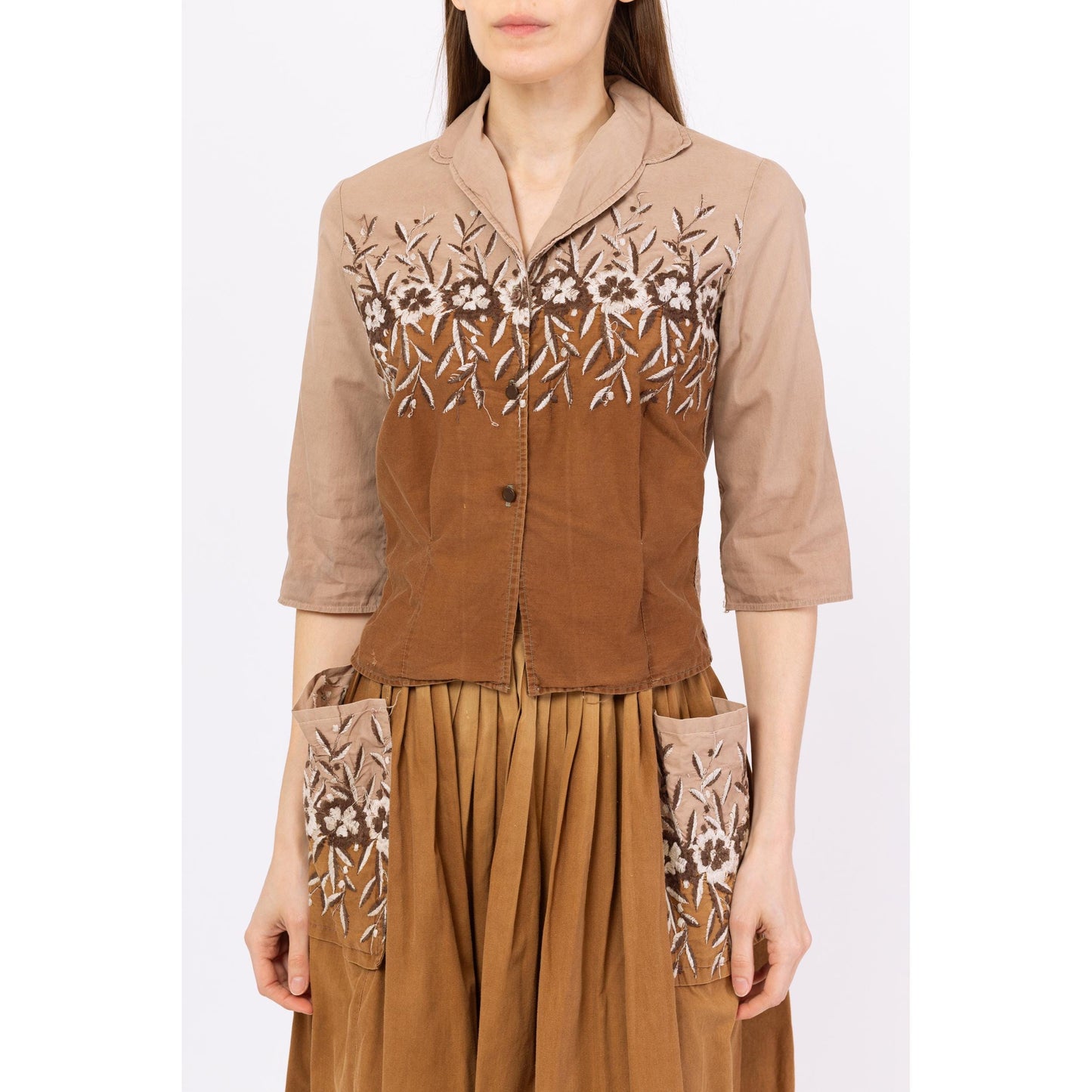 Vintage 1950s Brown Floral Patio Blouse & Skirt Set - Extra Small | 50s Square Dance Fiesta Dress, Cottagecore Western Prairie Outfit