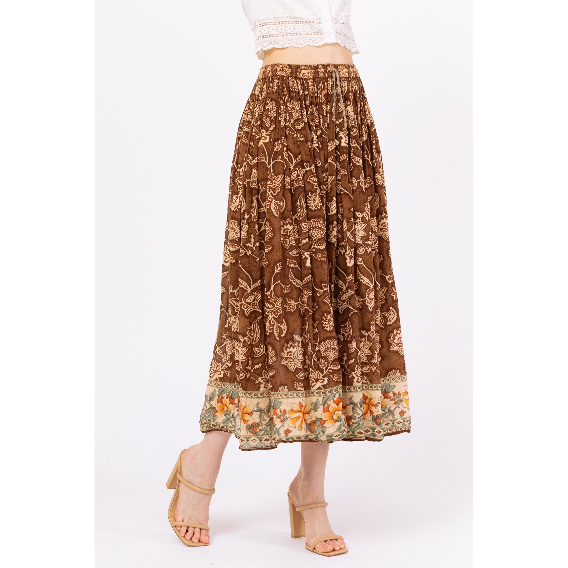 Vintage 90s Boho Brown Floral Midi Broomstick Skirt – Medium | Flowy Hippie Grunge Skirt, Cottagecore Witchy Summer Festival Outfit