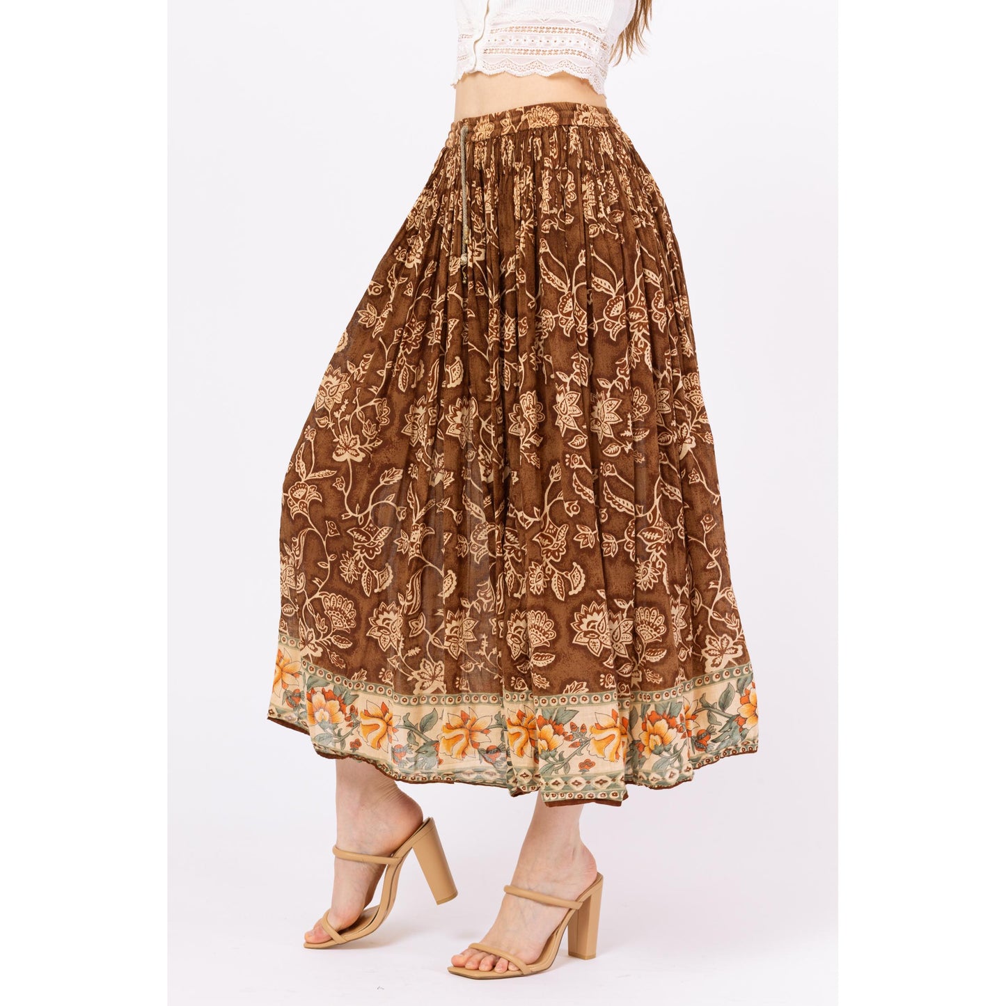 Vintage 90s Boho Brown Floral Midi Broomstick Skirt – Medium | Flowy Hippie Grunge Skirt, Cottagecore Witchy Summer Festival Outfit