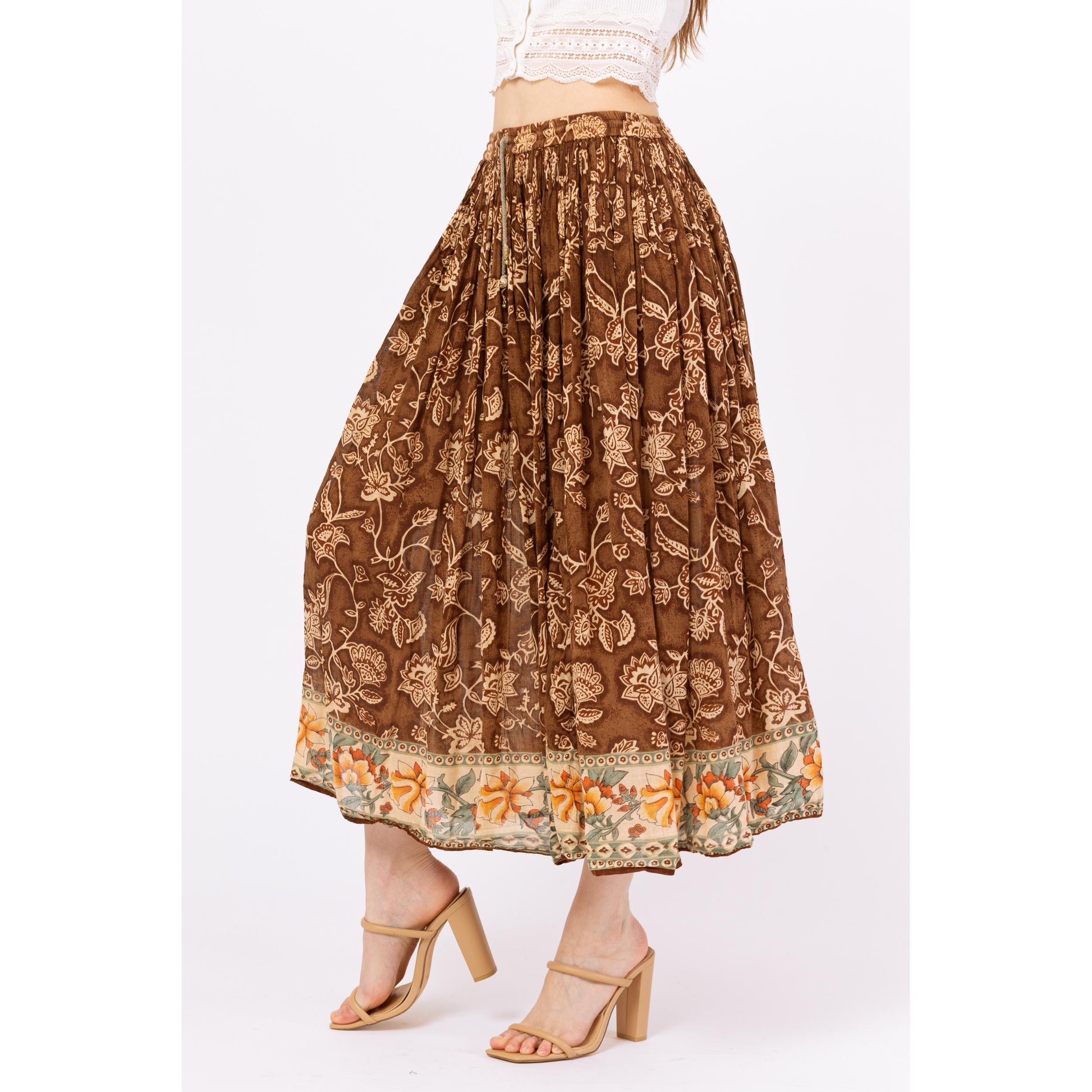 Vintage 90s Boho Brown Floral Midi Broomstick Skirt – Medium | Flowy Hippie Grunge Skirt, Cottagecore Witchy Summer Festival Outfit