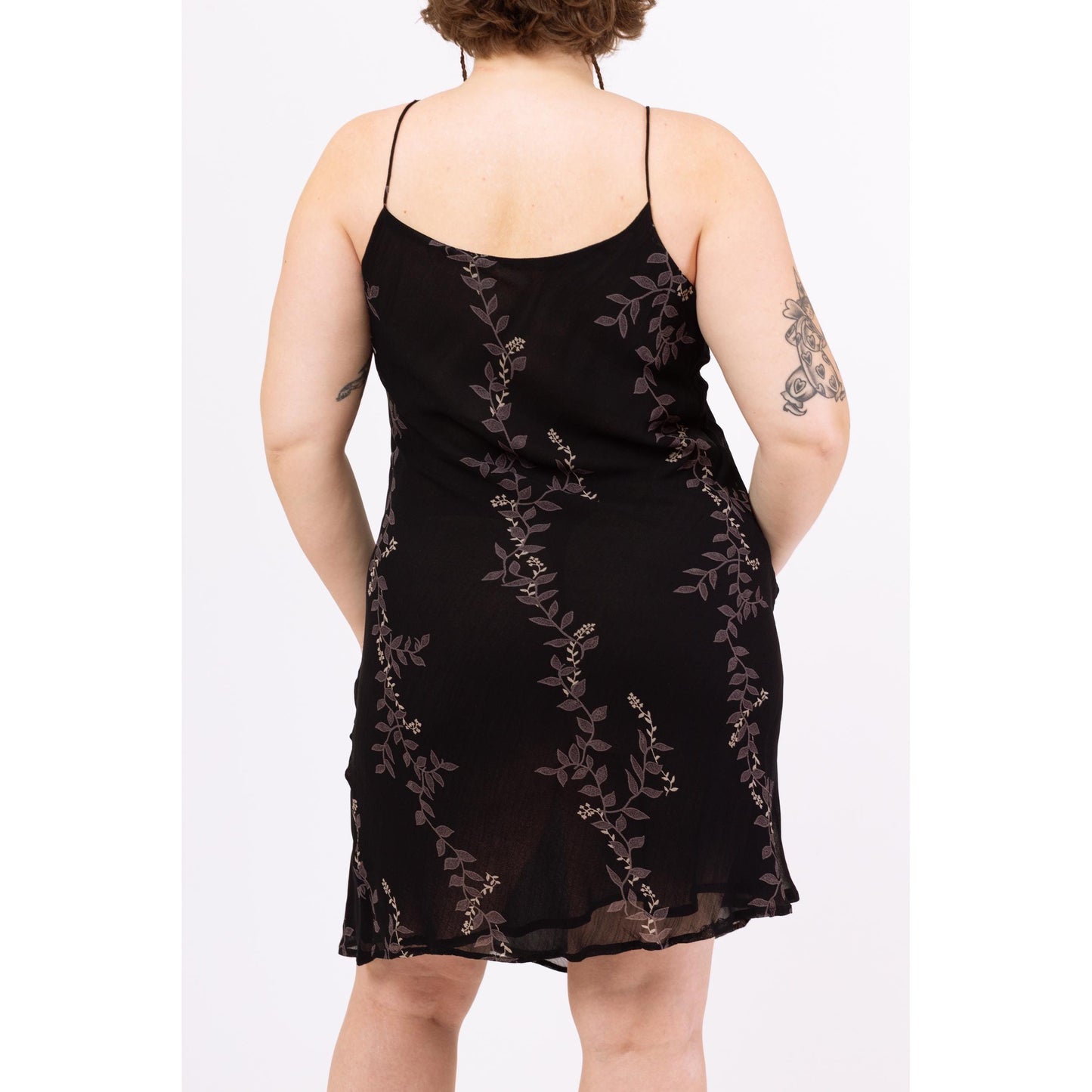 Vintage 90s Black Vine Print Bias Cut Cocktail Dress - Large | Boho Cage Neck Spaghetti Strap Midi, Y2K Party Outfit