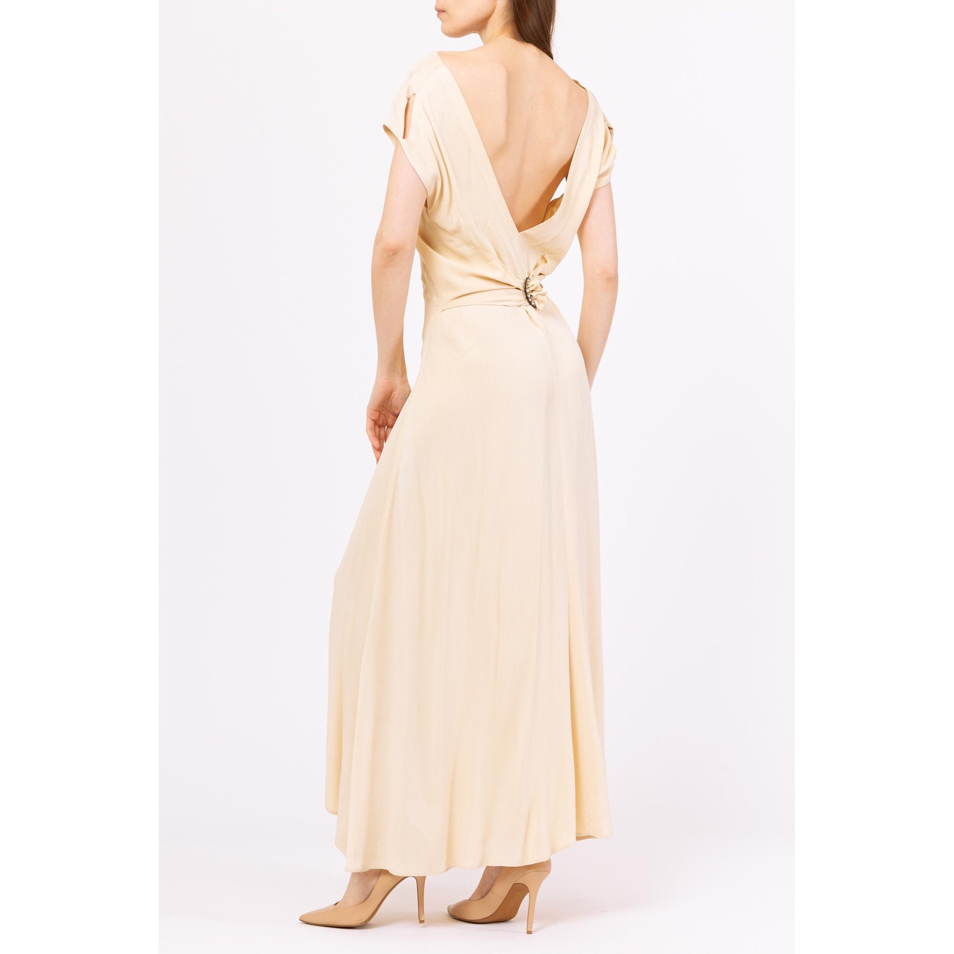 Vintage 1930s Cream Low Back Bias Cut Evening Gown - XS to Small | 30s Old Hollywood Style Deco Drop Waist Cowl Draped Maxi Wedding Dress