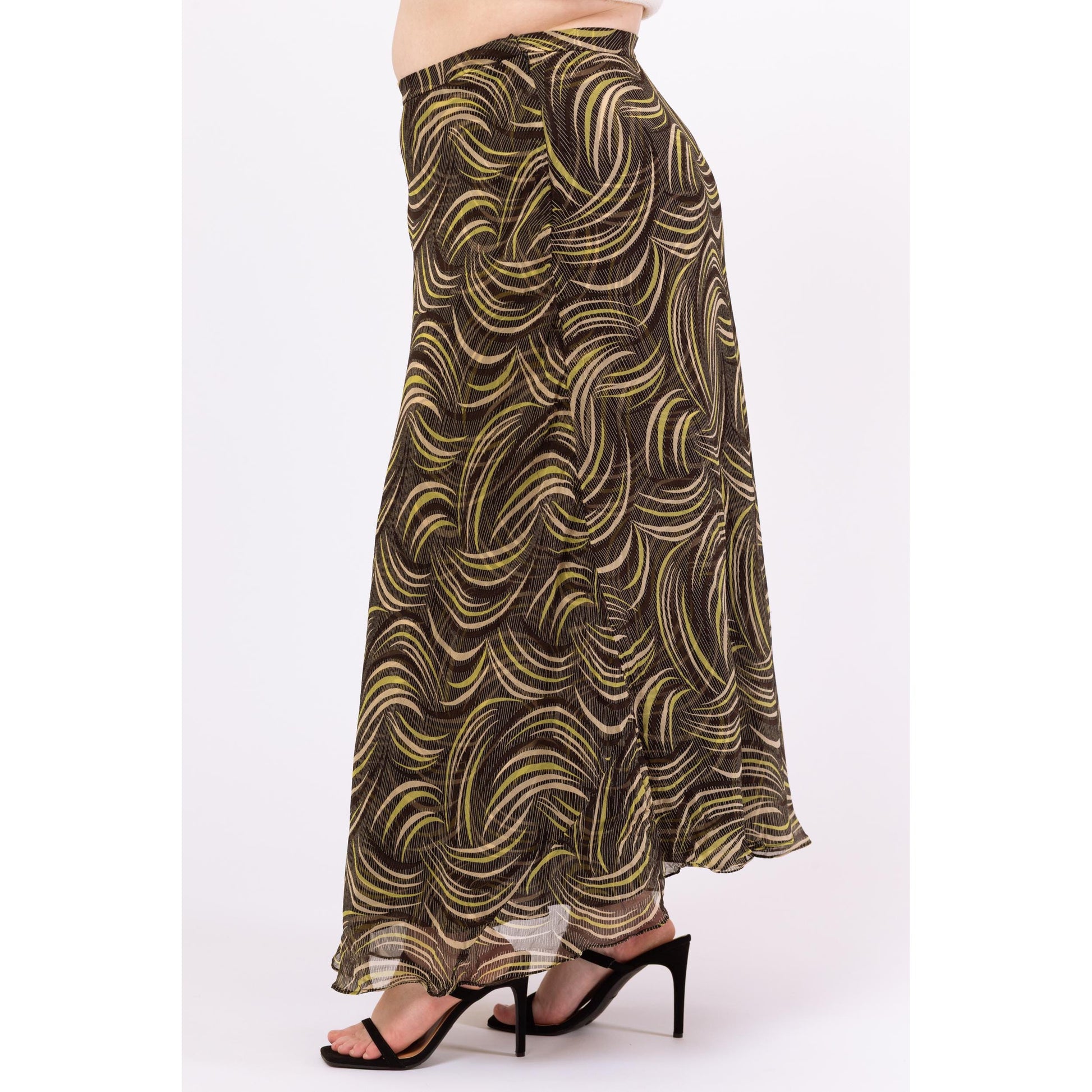 Vintage Y2K Black & Green Silk Abstract Print Maxi Skirt - Extra Large, Size 16 | Bias Cut Sheer Overlay Flowy Skirt