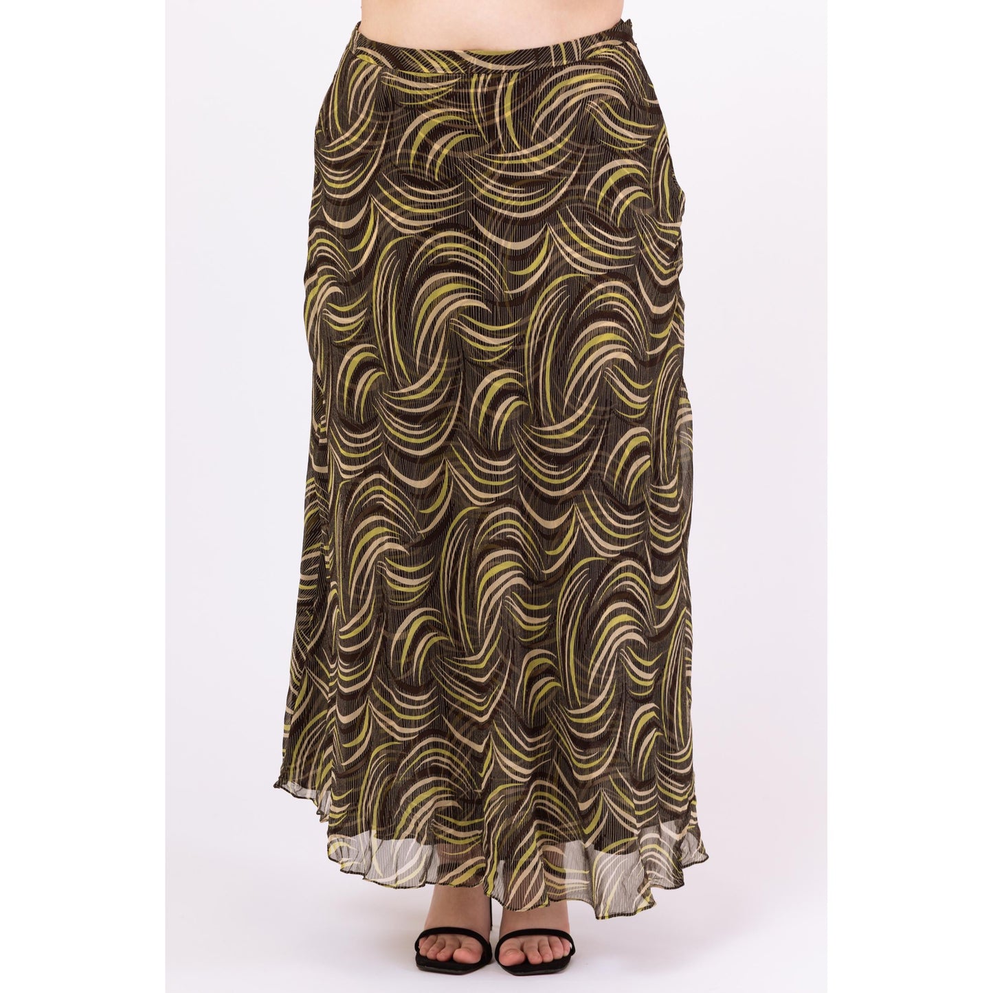 Vintage Y2K Black & Green Silk Abstract Print Maxi Skirt - Extra Large, Size 16 | Bias Cut Sheer Overlay Flowy Skirt