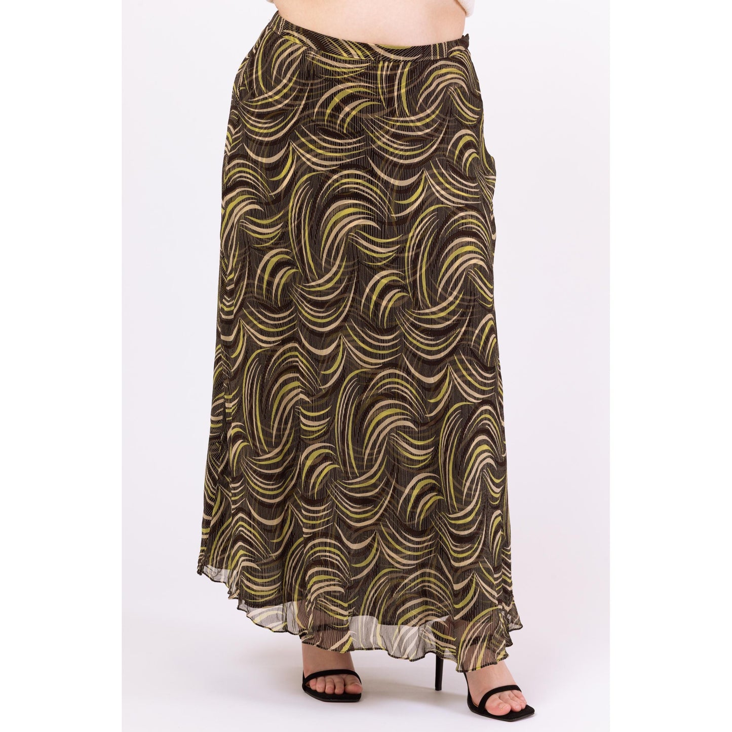 Vintage Y2K Black & Green Silk Abstract Print Maxi Skirt - Extra Large, Size 16 | Bias Cut Sheer Overlay Flowy Skirt