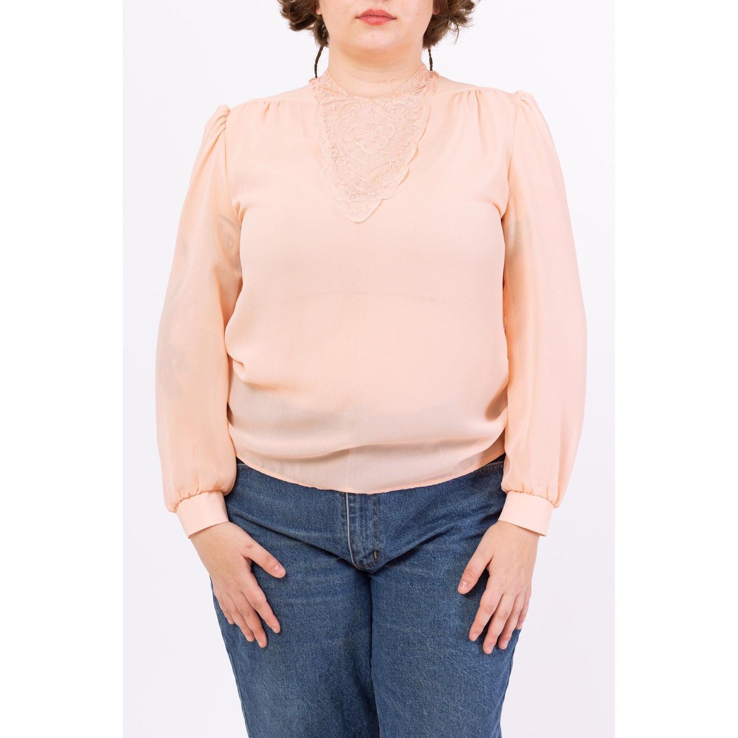 Vintage 70s Victorian Peach Pink Cutout Lace Collar Blouse - Large | Romantic Long Sleeve Top, High Neck Revival Blouse