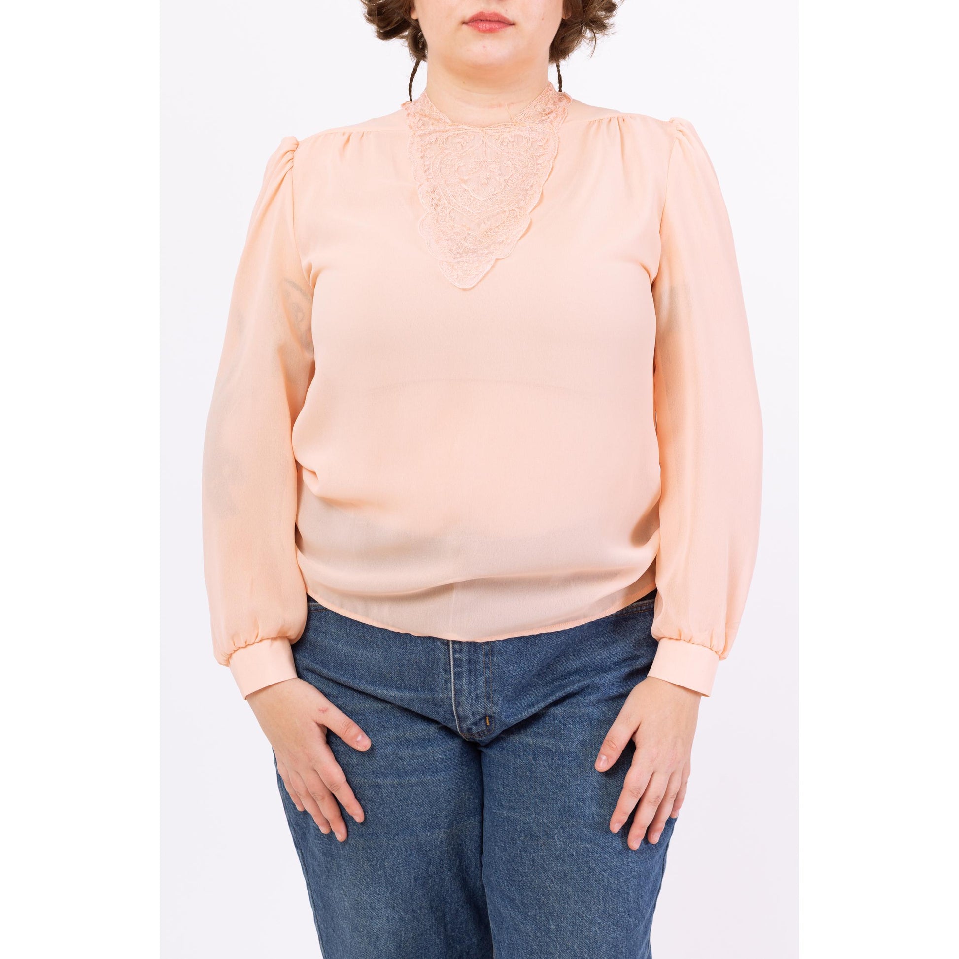 Vintage 70s Victorian Peach Pink Cutout Lace Collar Blouse - Large | Romantic Long Sleeve Top, High Neck Revival Blouse