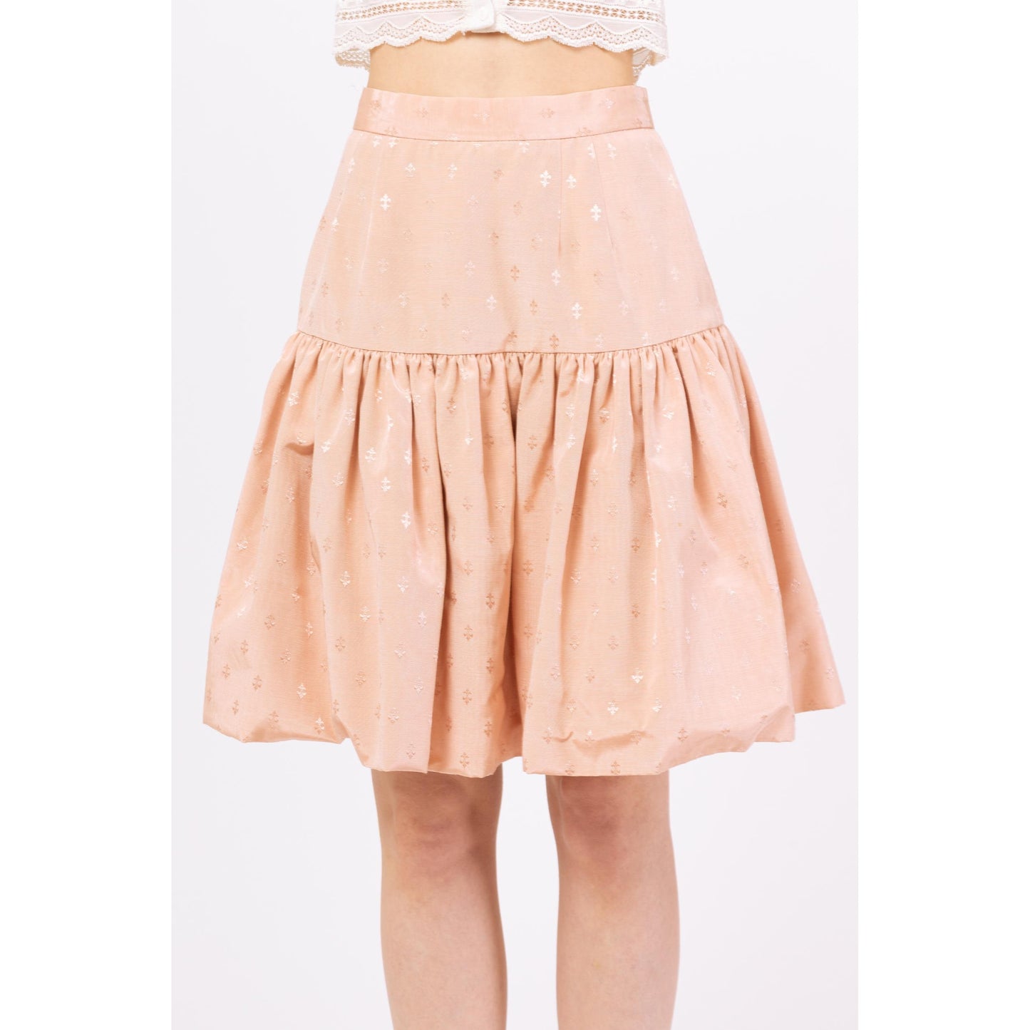 Vintage 80 Pink Jacquard Fleur De Lis Tiered Skirt - Small | High Rise Drop Waist Mini Skirt, Coquette French Cottagecore Outfit
