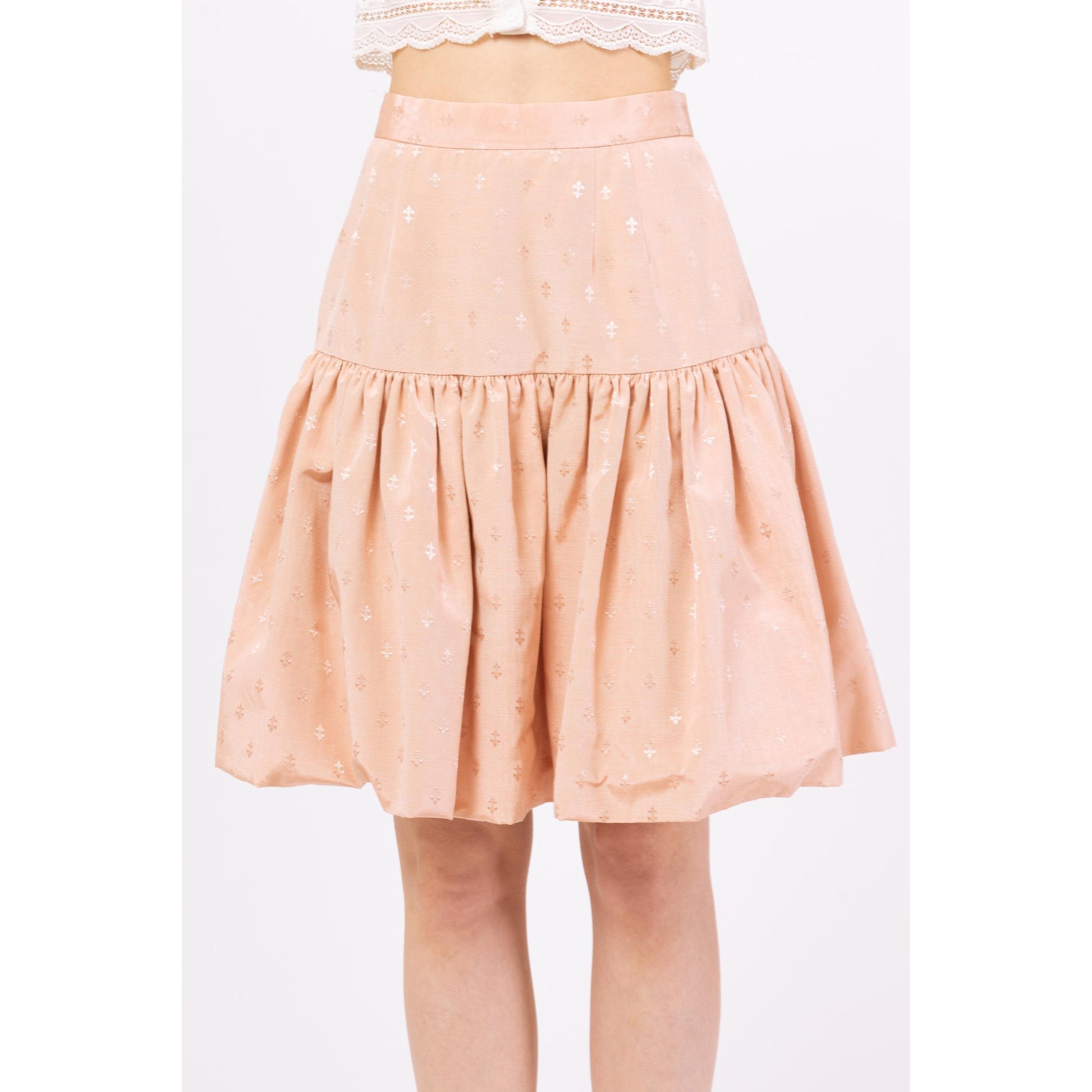 Vintage 80 Pink Jacquard Fleur De Lis Tiered Skirt - Small | High Rise Drop Waist Mini Skirt, Coquette French Cottagecore Outfit