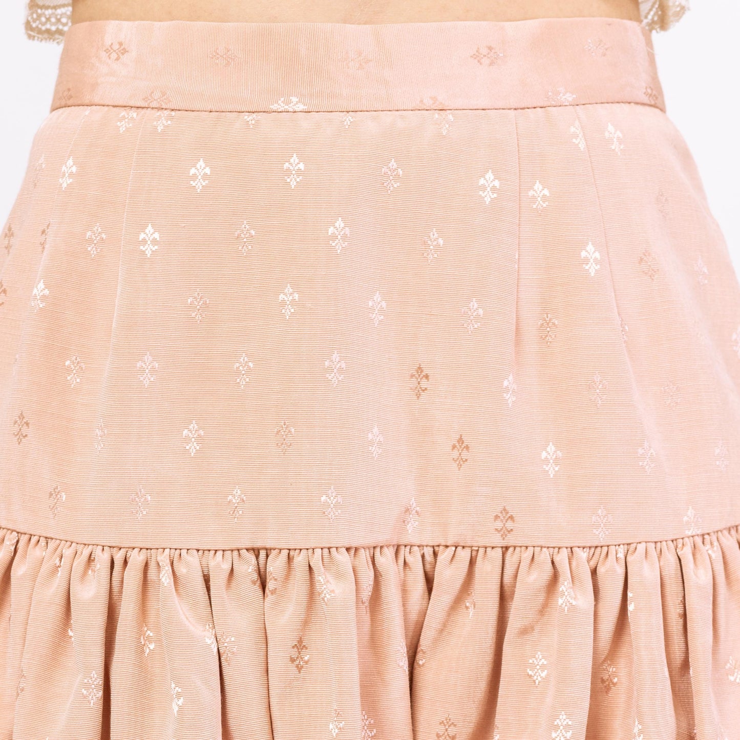 Vintage 80 Pink Jacquard Fleur De Lis Tiered Skirt - Small | High Rise Drop Waist Mini Skirt, Coquette French Cottagecore Outfit