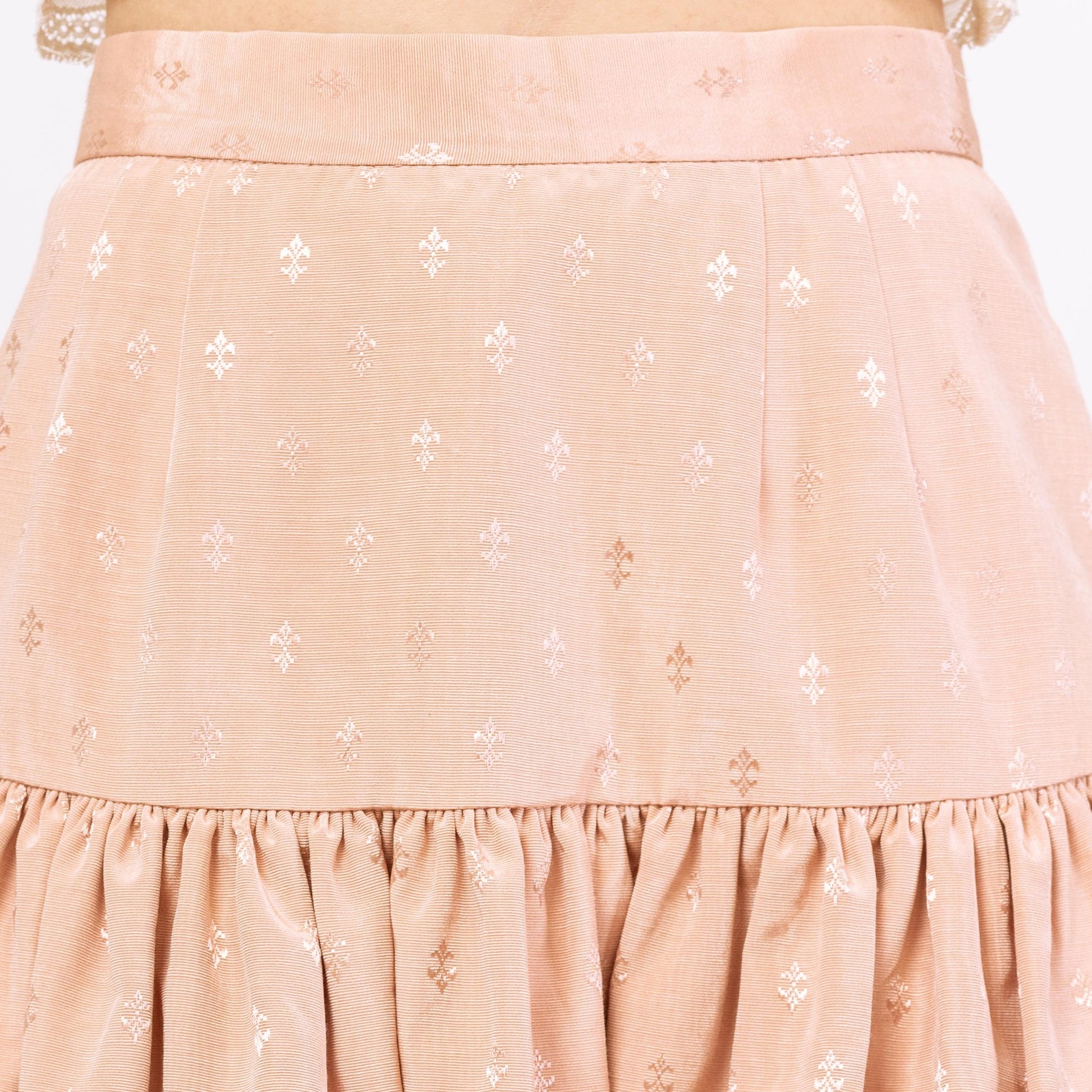 Vintage 80 Pink Jacquard Fleur De Lis Tiered Skirt - Small | High Rise Drop Waist Mini Skirt, Coquette French Cottagecore Outfit