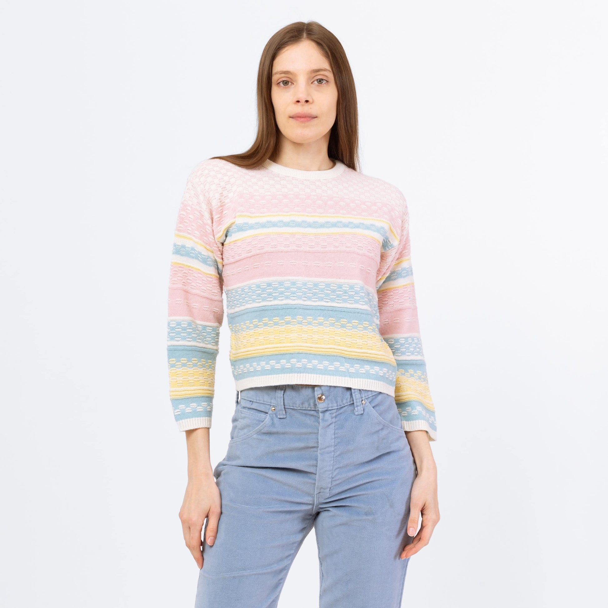 Vintage 80s Pastel Striped Knit Cropped Sweater - Small to Medium | Textured Rainbow Pullover, Cottagecore Easter Spring Top