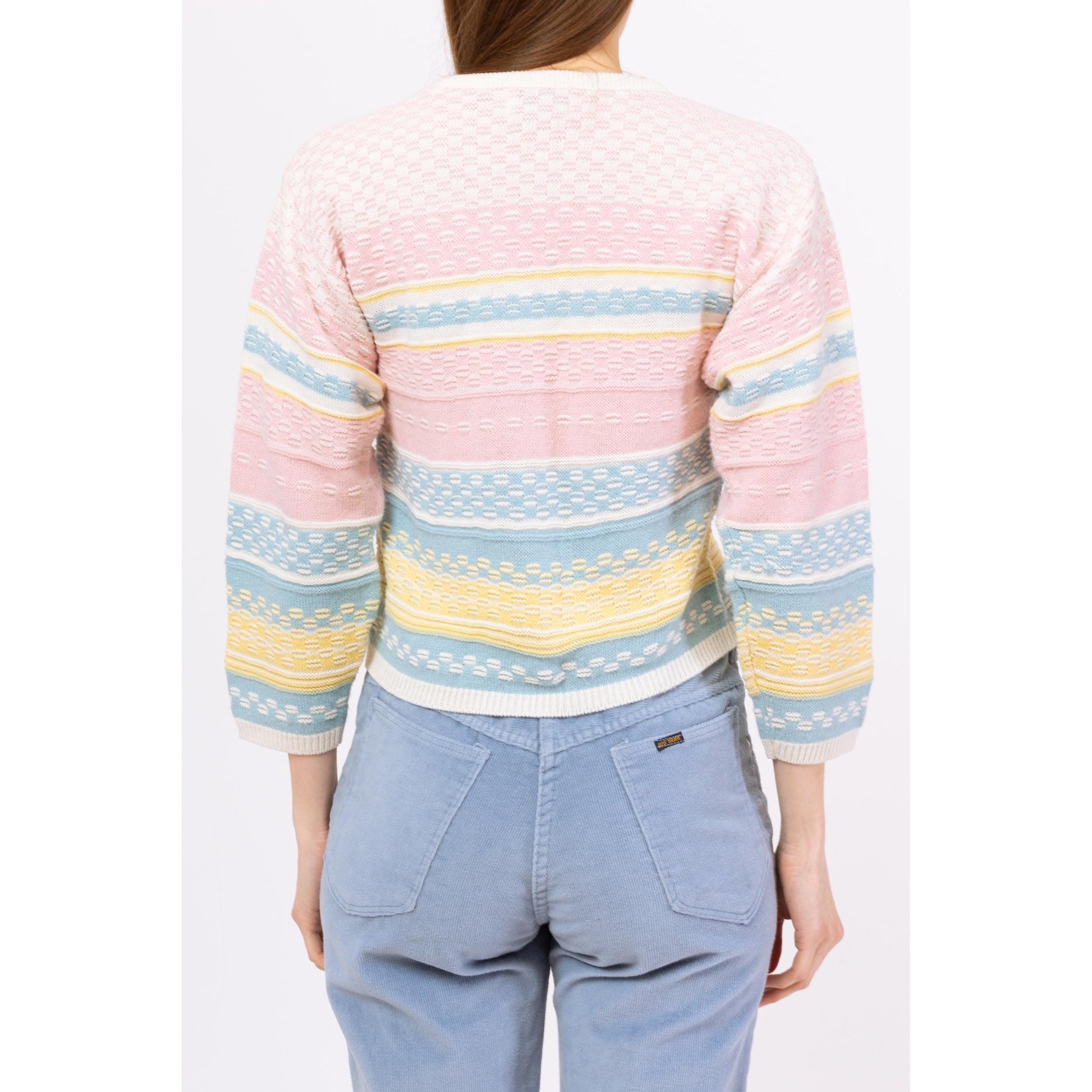 Vintage 80s Pastel Striped Knit Cropped Sweater - Small to Medium | Textured Rainbow Pullover, Cottagecore Easter Spring Top