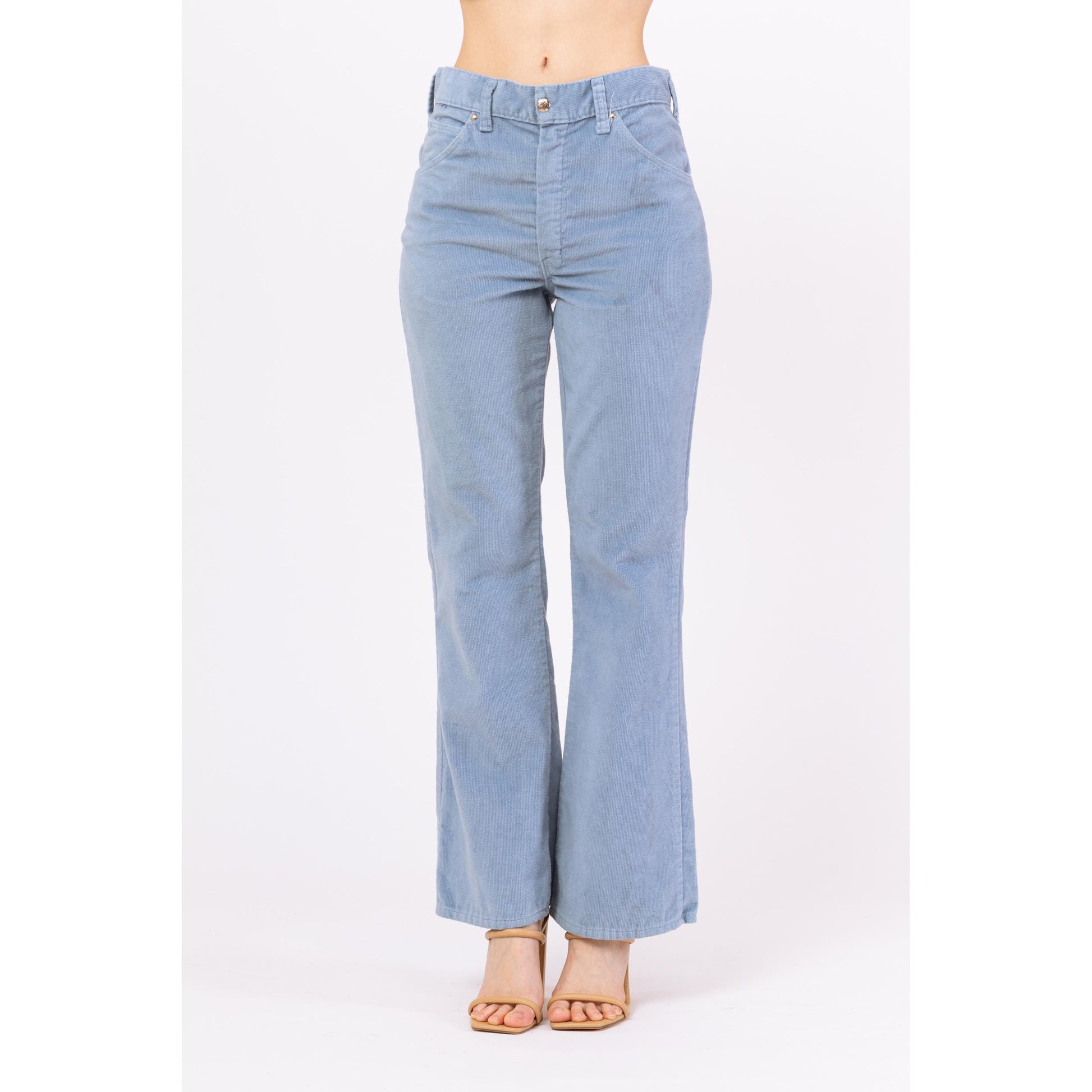 Vintage 70s Baby Blue Corduroy Flared Unisex Pants - Small to Medium, 29" Waist | Retro High Waisted Trousers, Boho 1970s Cords