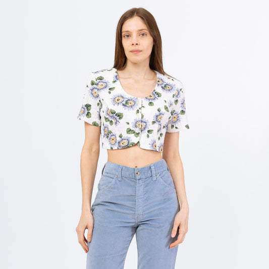 Vintage 90s Sunflower Crop Top - Small to Medium | White & Blue Ribbed Floral Button Up Short Sleeve Shirt, Scoop Neck Cropped Summer Tee