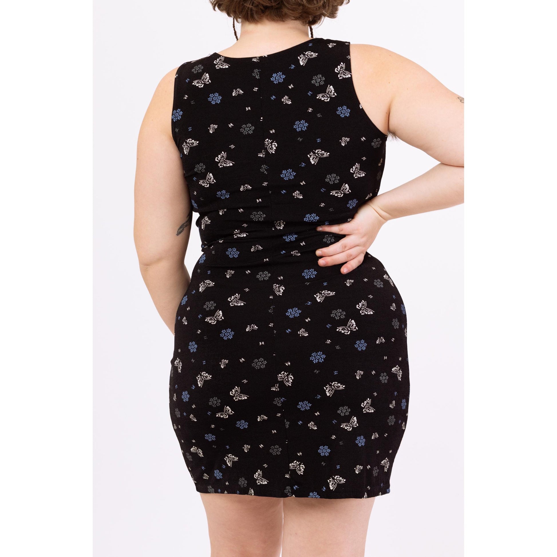Vintage 90s Black Butterfly & Floral Print Bodycon Mini Dress - Large | Sleeveless Stretchy Grunge Summer Sundress