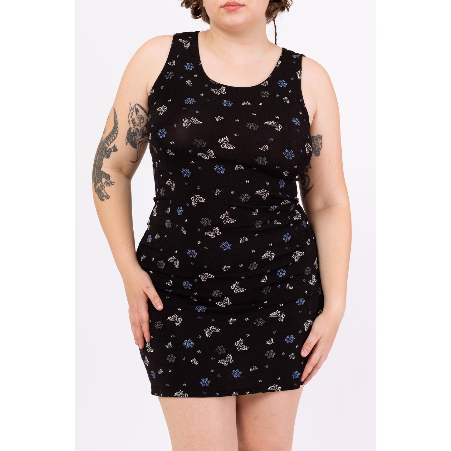 Vintage 90s Black Butterfly & Floral Print Bodycon Mini Dress - Large | Sleeveless Stretchy Grunge Summer Sundress
