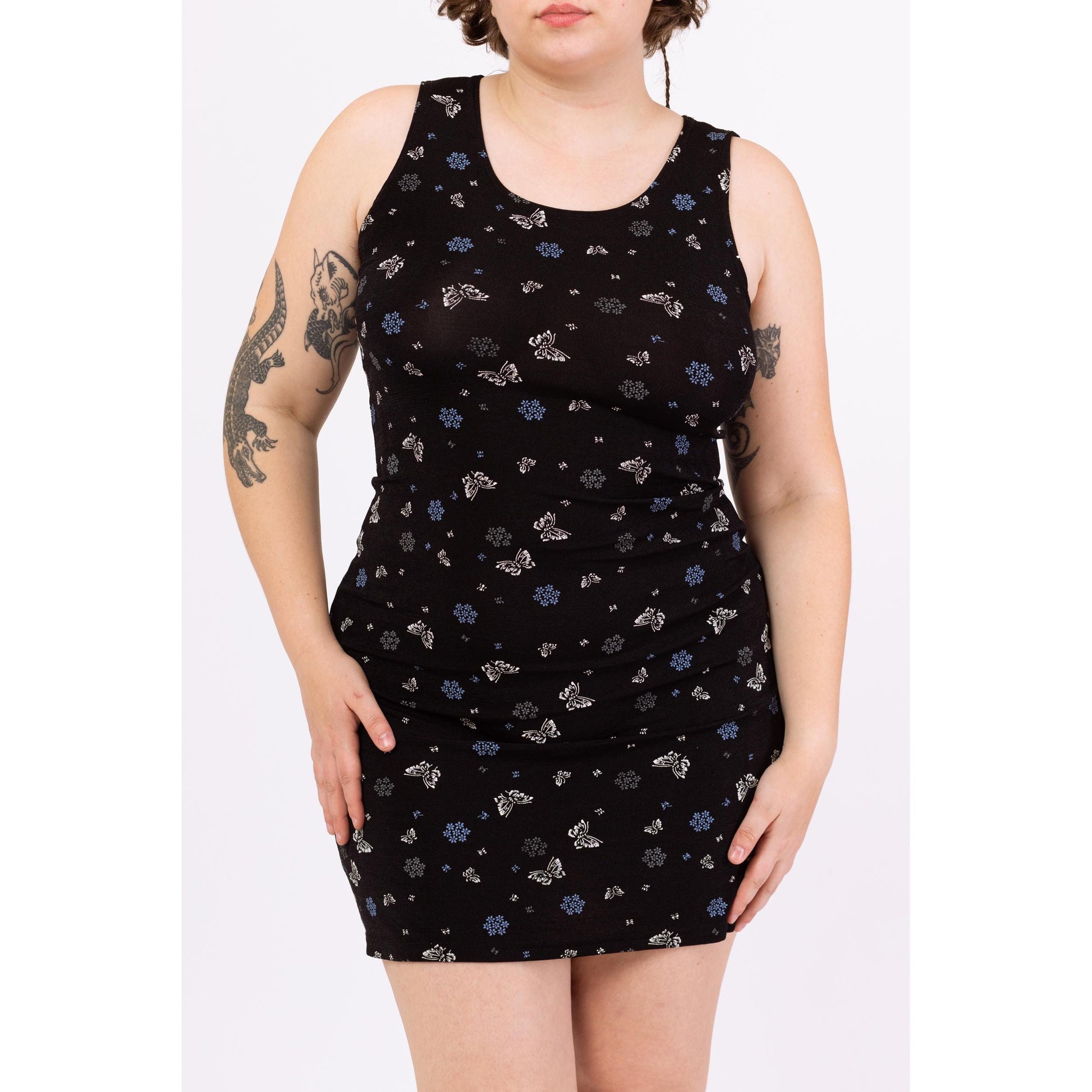 Vintage 90s Black Butterfly & Floral Print Bodycon Mini Dress - Large | Sleeveless Stretchy Grunge Summer Sundress