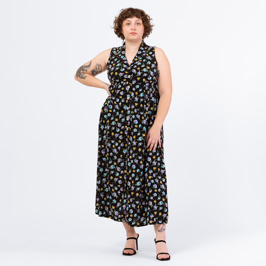 Vintage 90s Black Floral Sleeveless Maxi Sundress - Large, Size 14 | Boho Button Up Collared Tie Back Grunge Dress