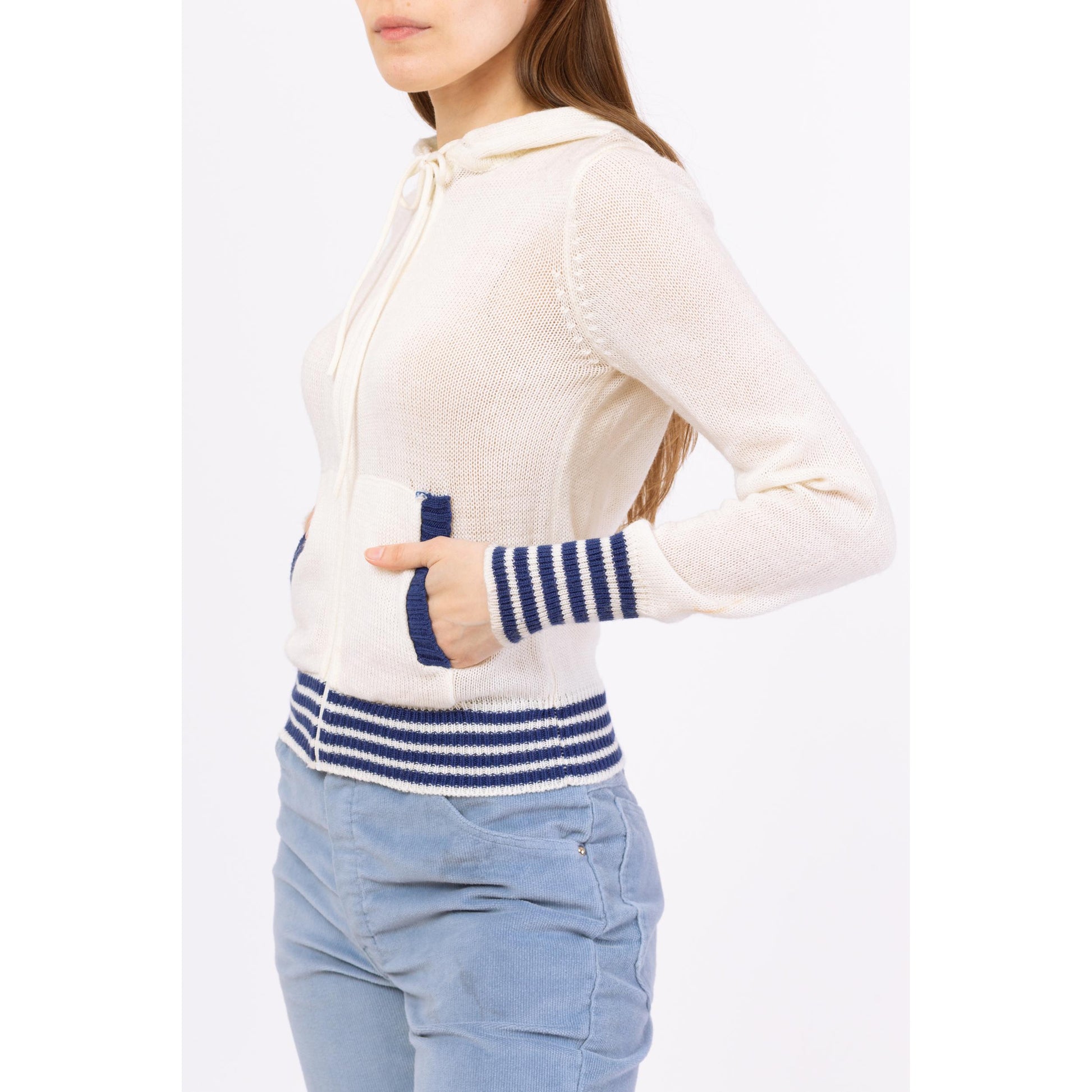 Vintage 70s 80s White & Blue Striped Knit Hoodie - Small to Medium | Lightweight Zip Up Cropped Hooded Sweater