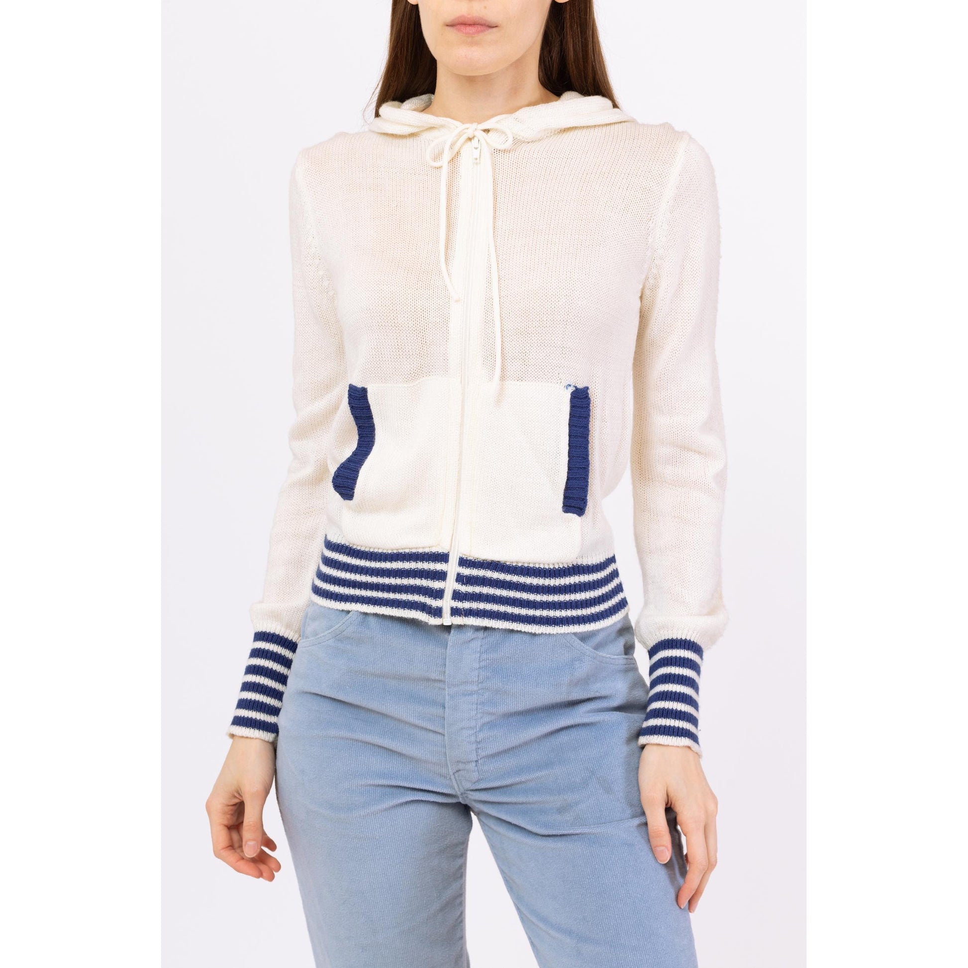 Vintage 70s 80s White & Blue Striped Knit Hoodie - Small to Medium | Lightweight Zip Up Cropped Hooded Sweater