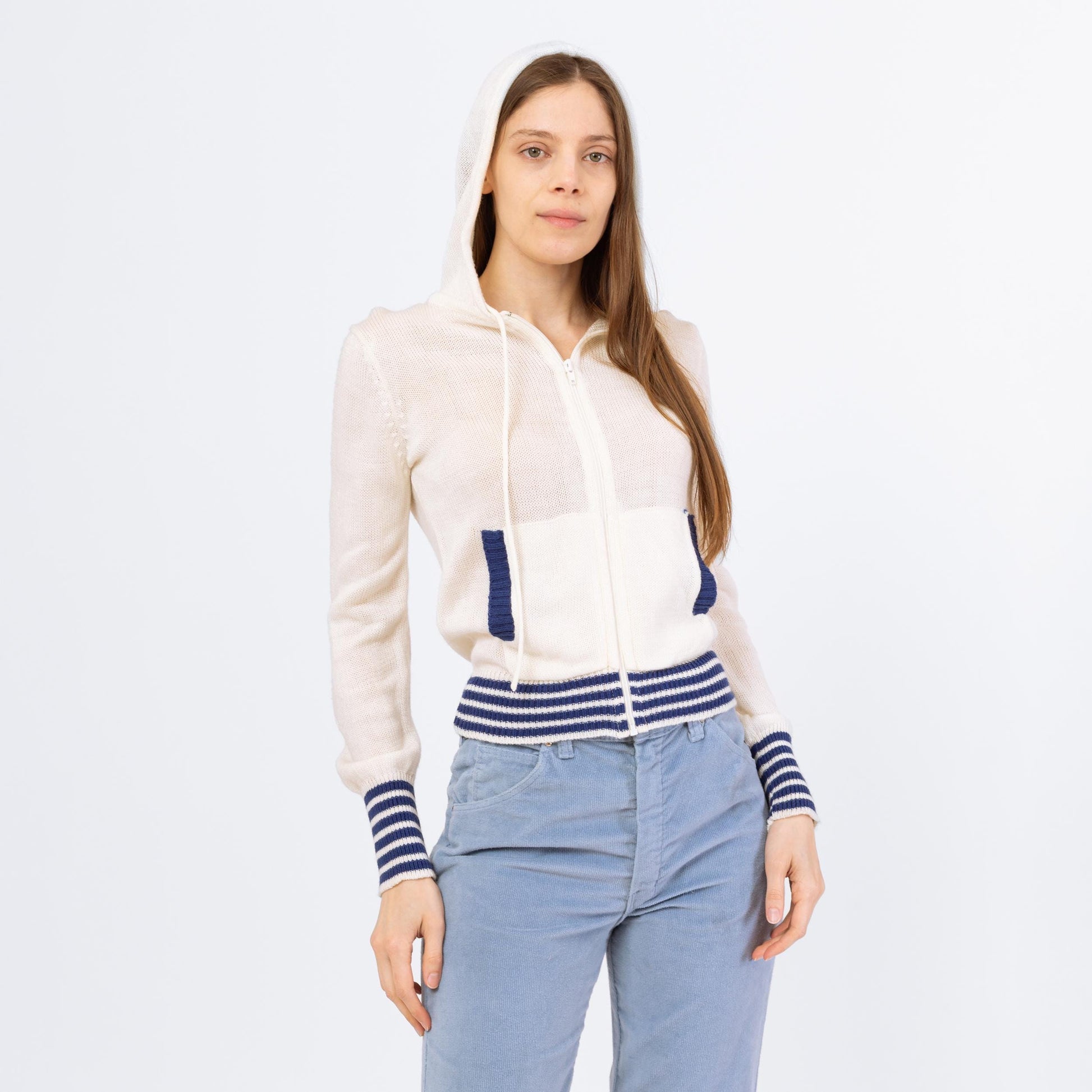 Vintage 70s 80s White & Blue Striped Knit Hoodie - Small to Medium | Lightweight Zip Up Cropped Hooded Sweater