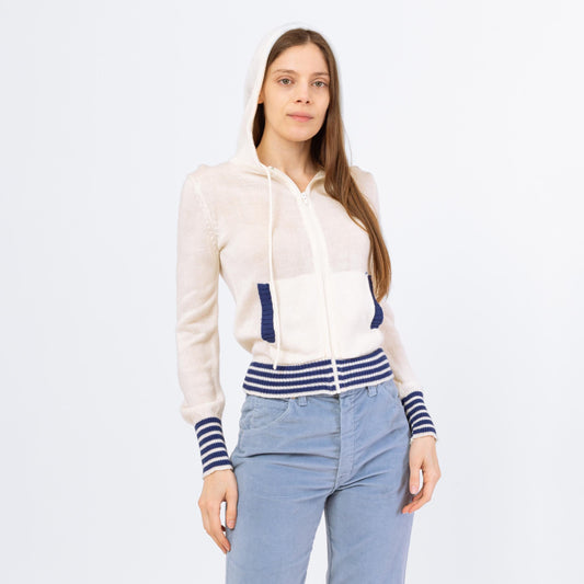 Vintage 70s 80s White & Blue Striped Knit Hoodie - Small to Medium | Lightweight Zip Up Cropped Hooded Sweater