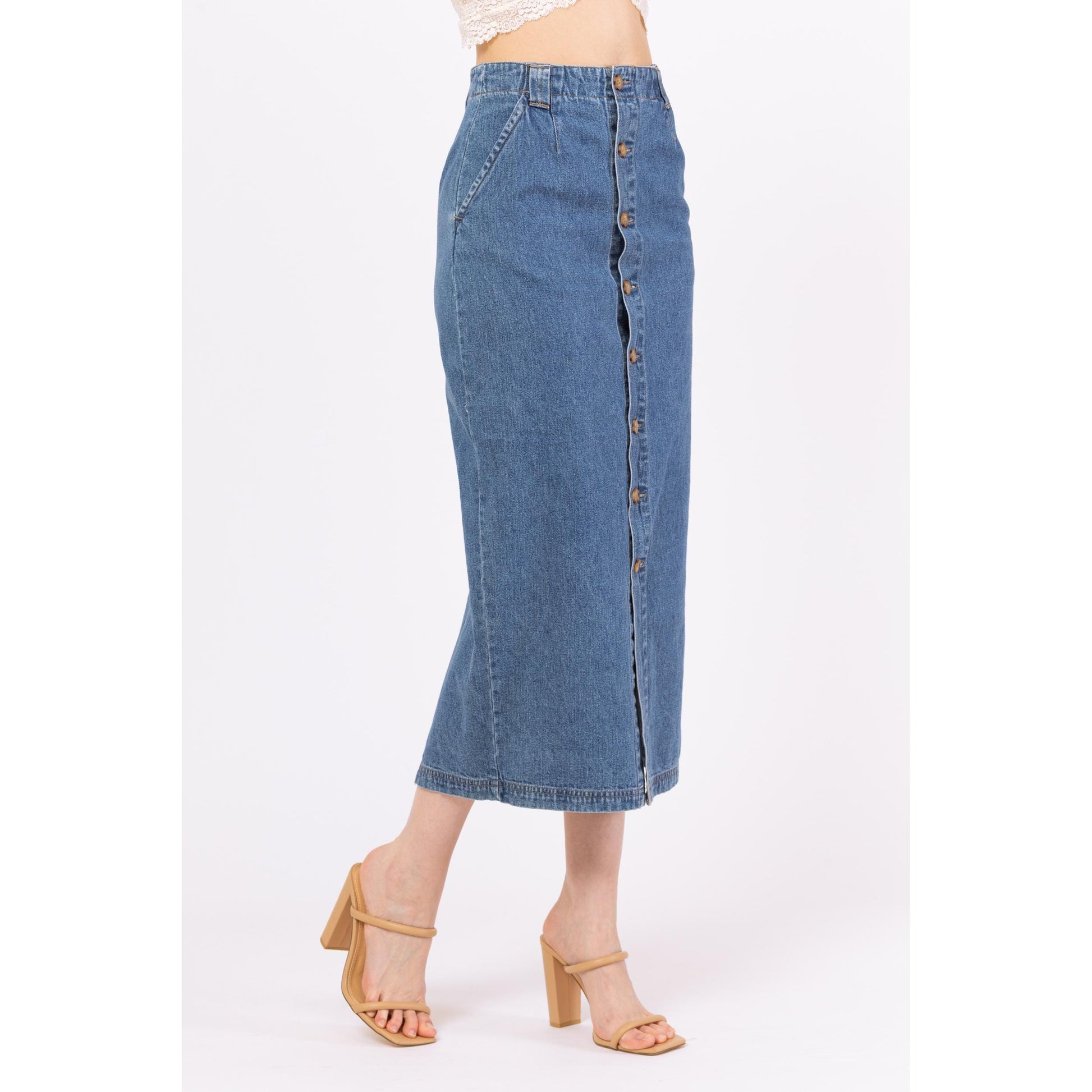 Vintage 90s Denim Button Front Midi Pencil Skirt - Extra Small, 25" Waist | High Waisted Medium Wash Blue Jean Long Straight Skirt