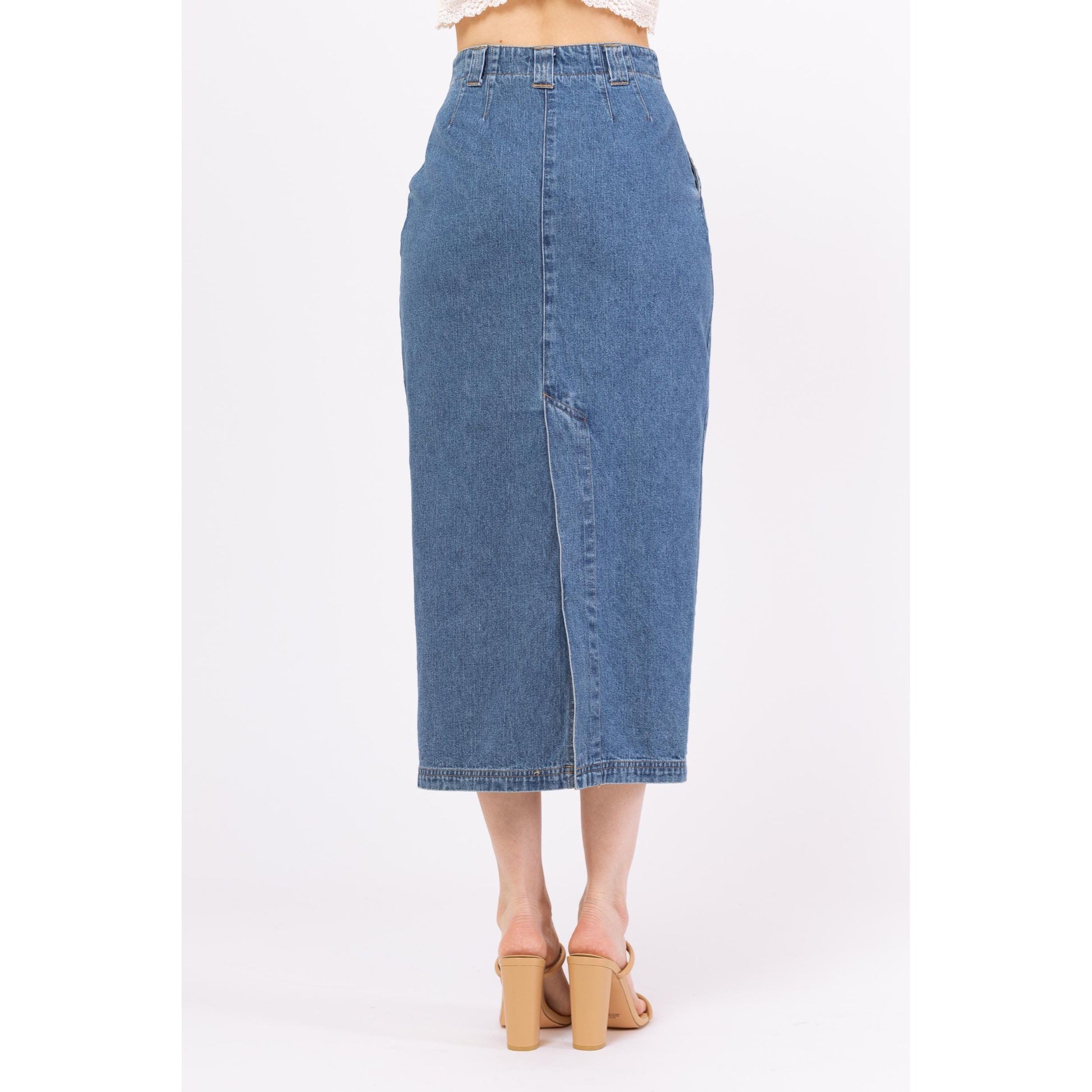 Vintage 90s Denim Button Front Midi Pencil Skirt - Extra Small, 25" Waist | High Waisted Medium Wash Blue Jean Long Straight Skirt