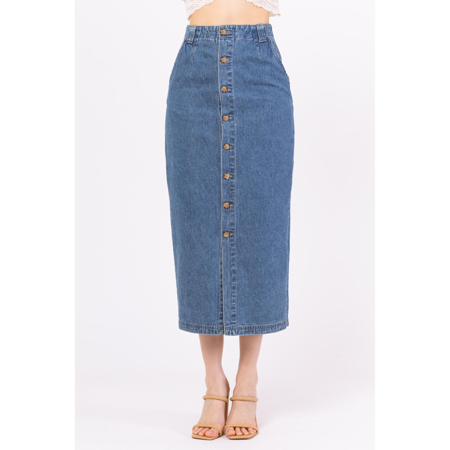 Vintage 90s Denim Button Front Midi Pencil Skirt - Extra Small, 25" Waist | High Waisted Medium Wash Blue Jean Long Straight Skirt