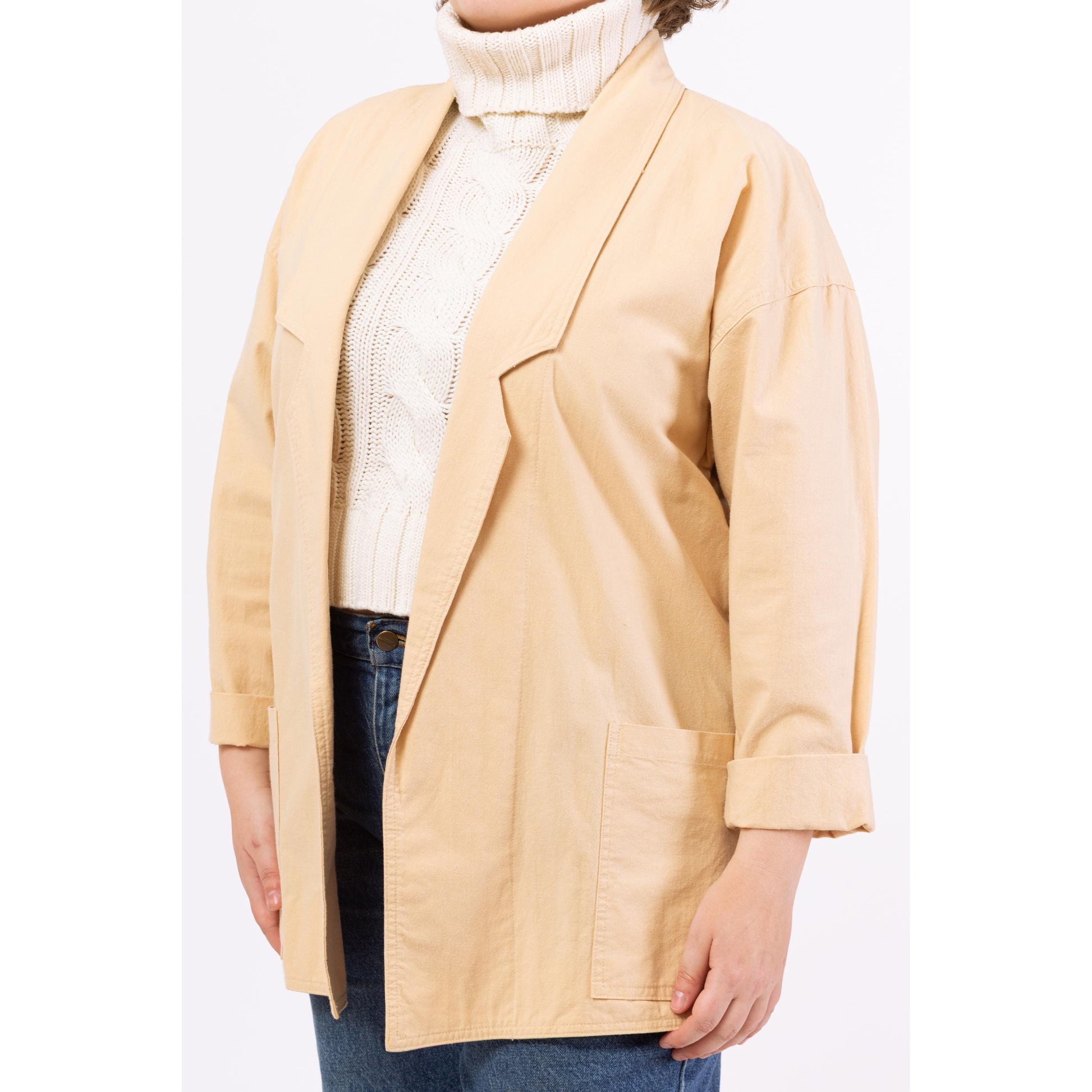 Vintage 80s Tan Cotton Chore Pocket Blazer - Large | Minimalist Lightweight Open Front Jacket, Neutral Layering Basic
