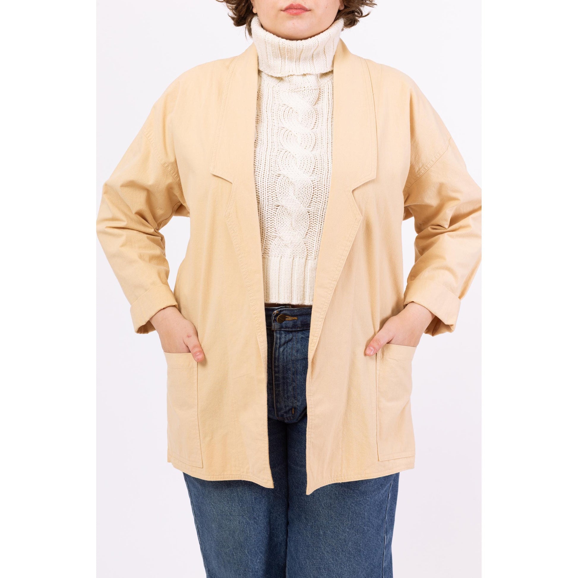 Vintage 80s Tan Cotton Chore Pocket Blazer - Large | Minimalist Lightweight Open Front Jacket, Neutral Layering Basic