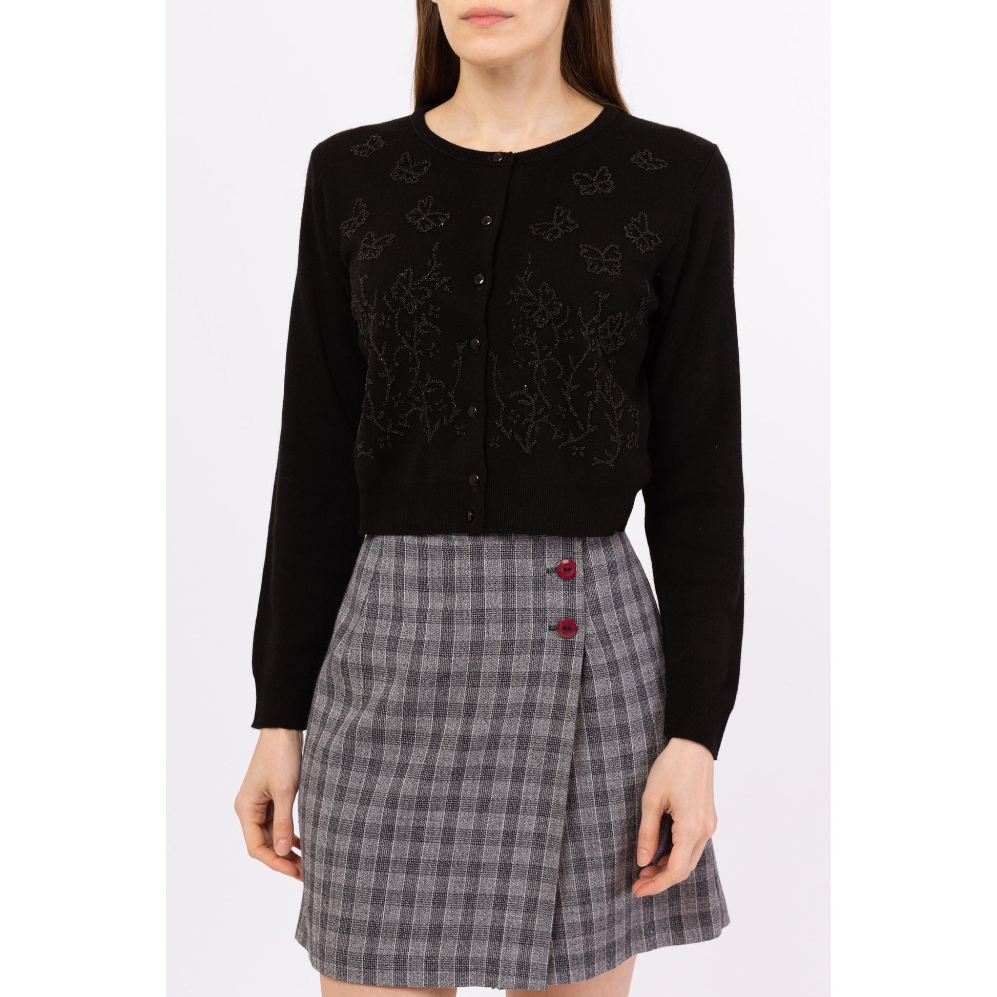 Vintage 80s Black Beaded Butterfly Cardigan - Medium | Cropped Soft Knit Button Up Girly Floral Sweater