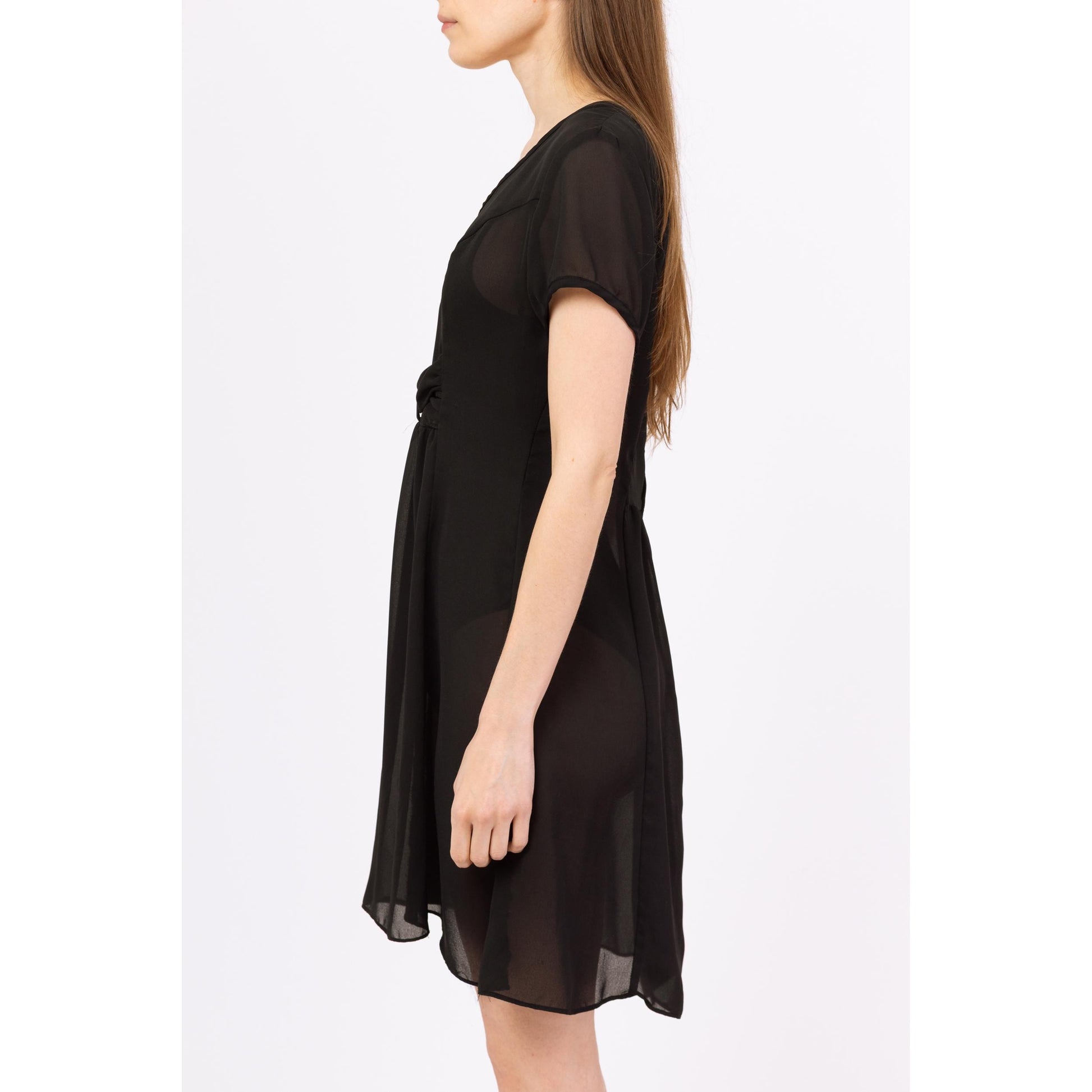 Vintage 90s Sheer Black Babydoll Mini Dress - Medium | Grunge Short Sleeve Bow Tie A Line Party Dress